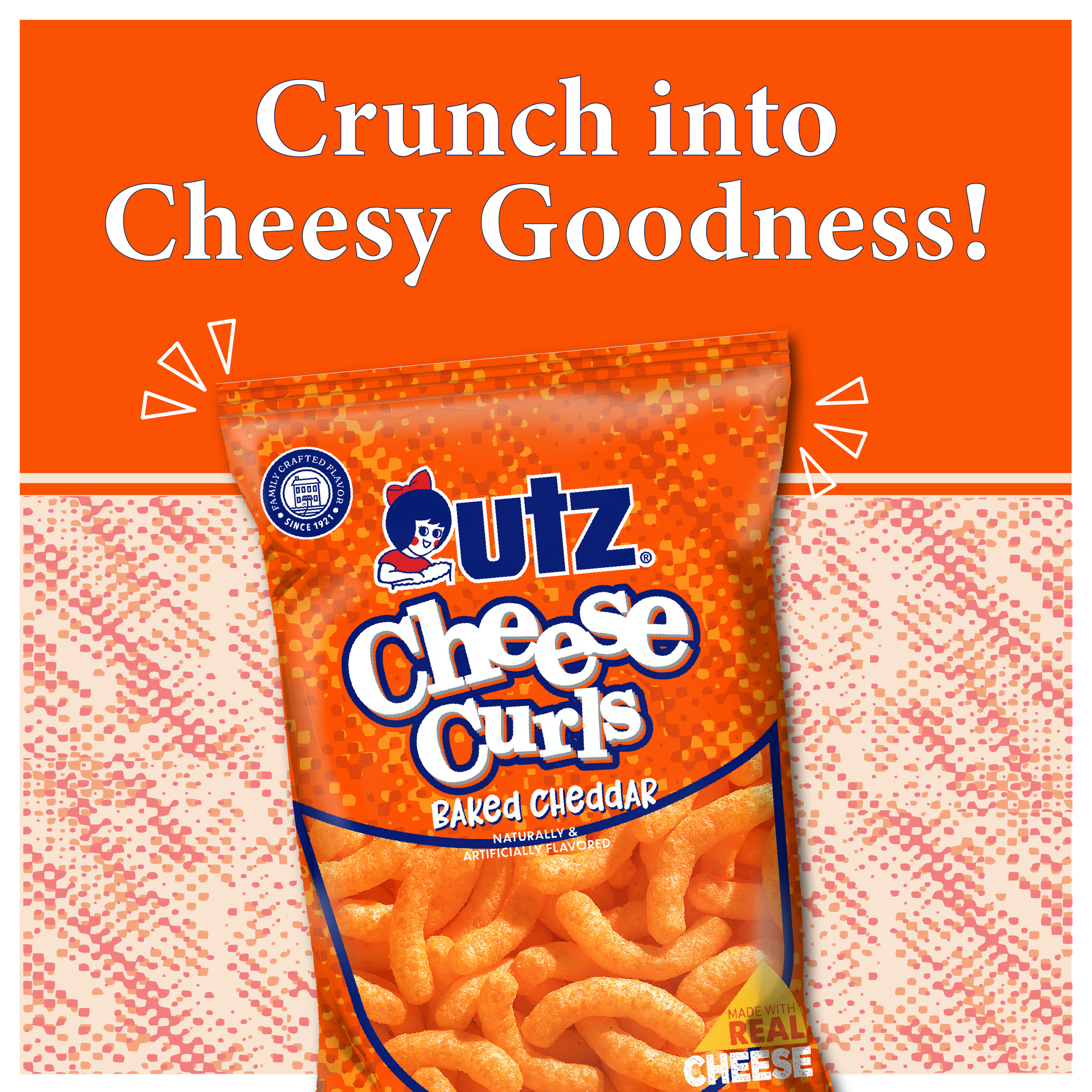 utz Cheese Curls snack package with promotional text on an orange background