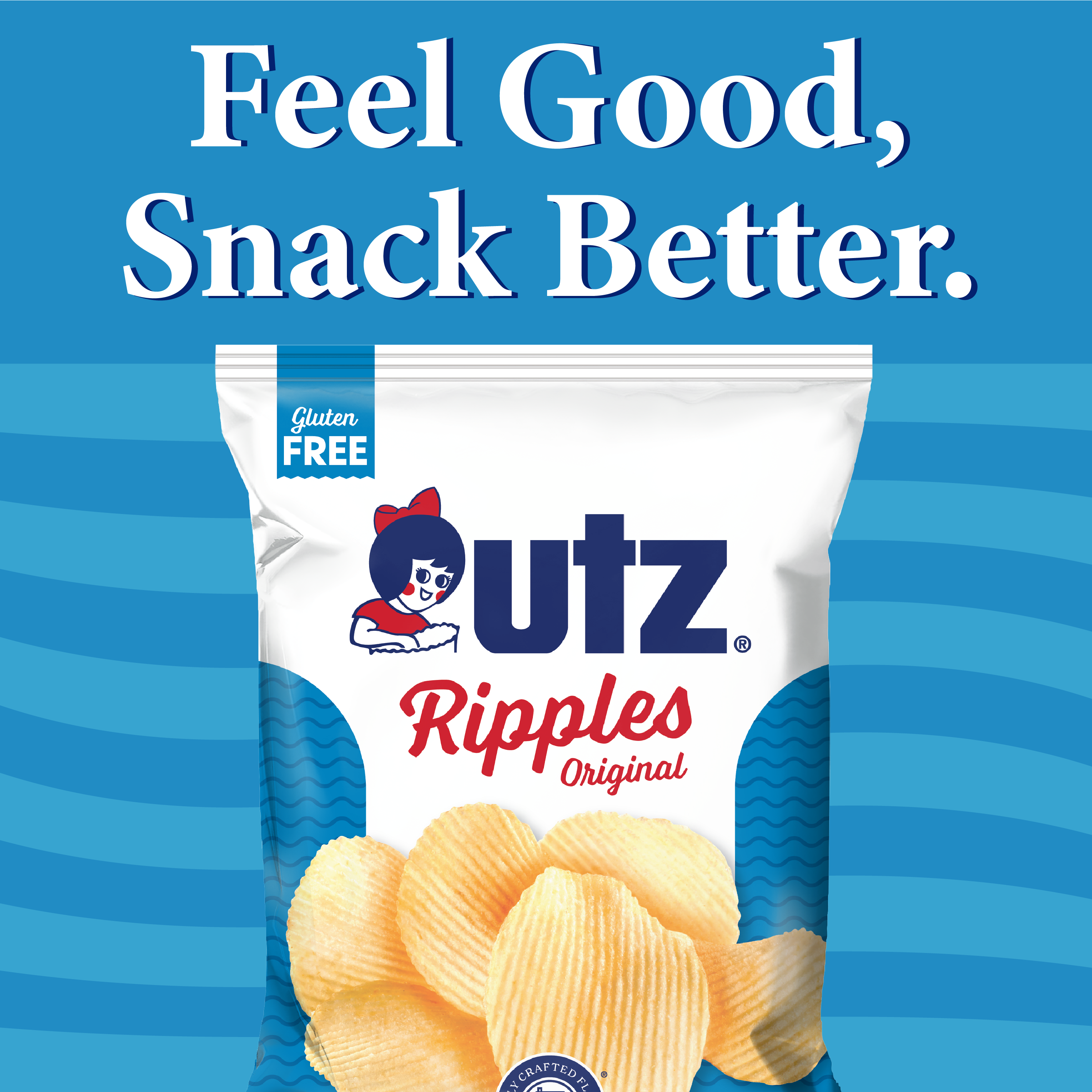 Utz Ripples Original chips packaging with 'Feel Good, Snack Better' text on a blue background