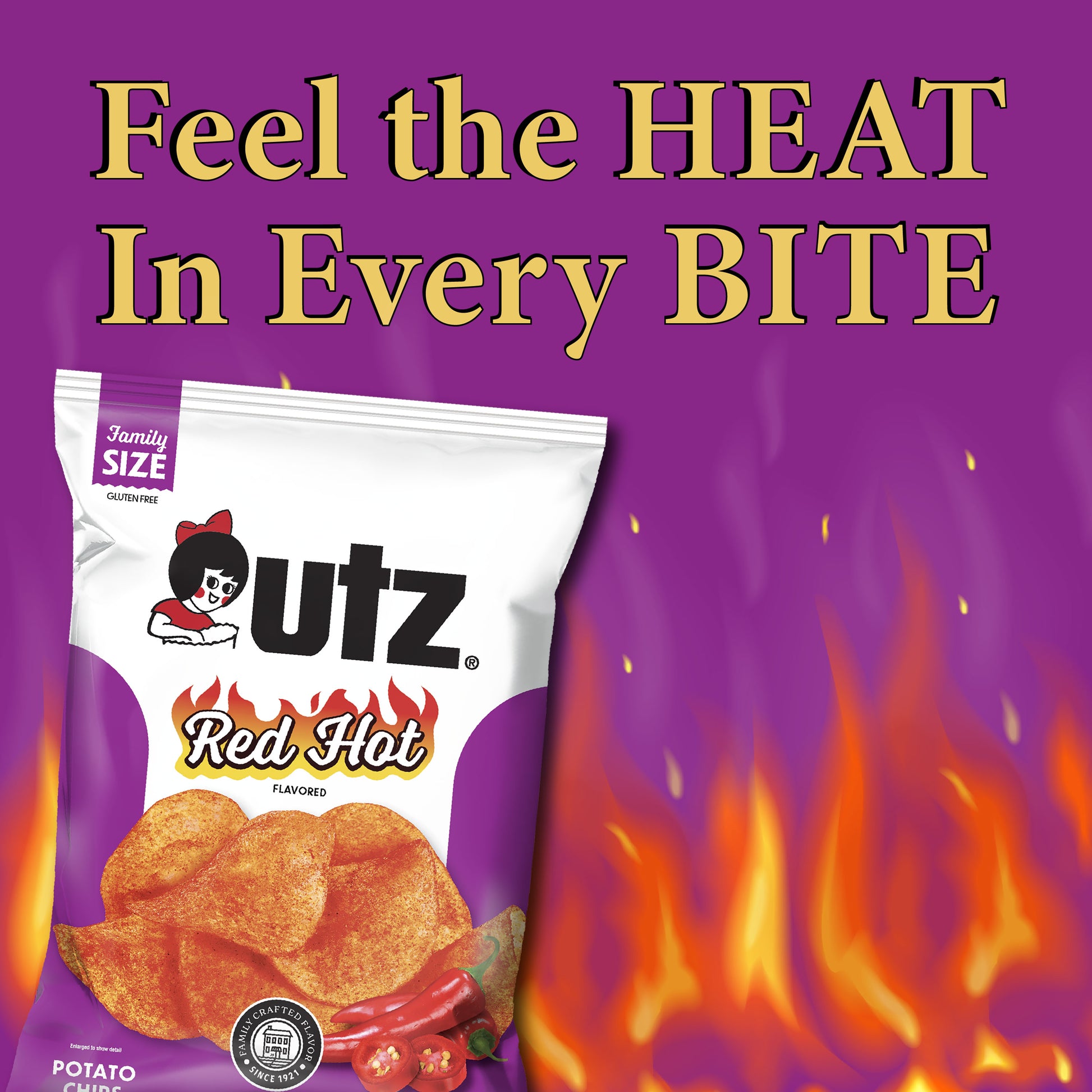 Outz Red Hot potato chips family size bag on a purple background with flames and text 'Feel the HEAT In Every BITE'.