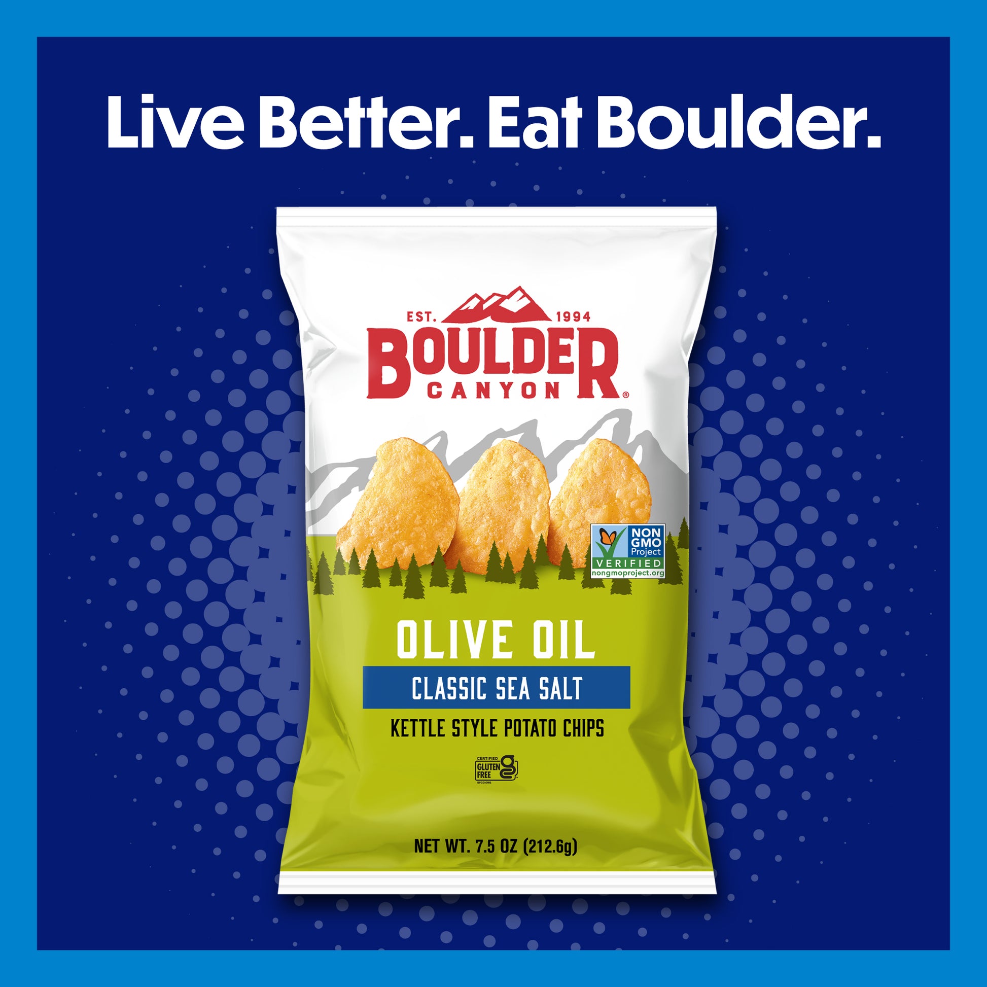 Boulder Canyon potato chip bag on a blue background with 'Live Better. Eat Boulder.' text.