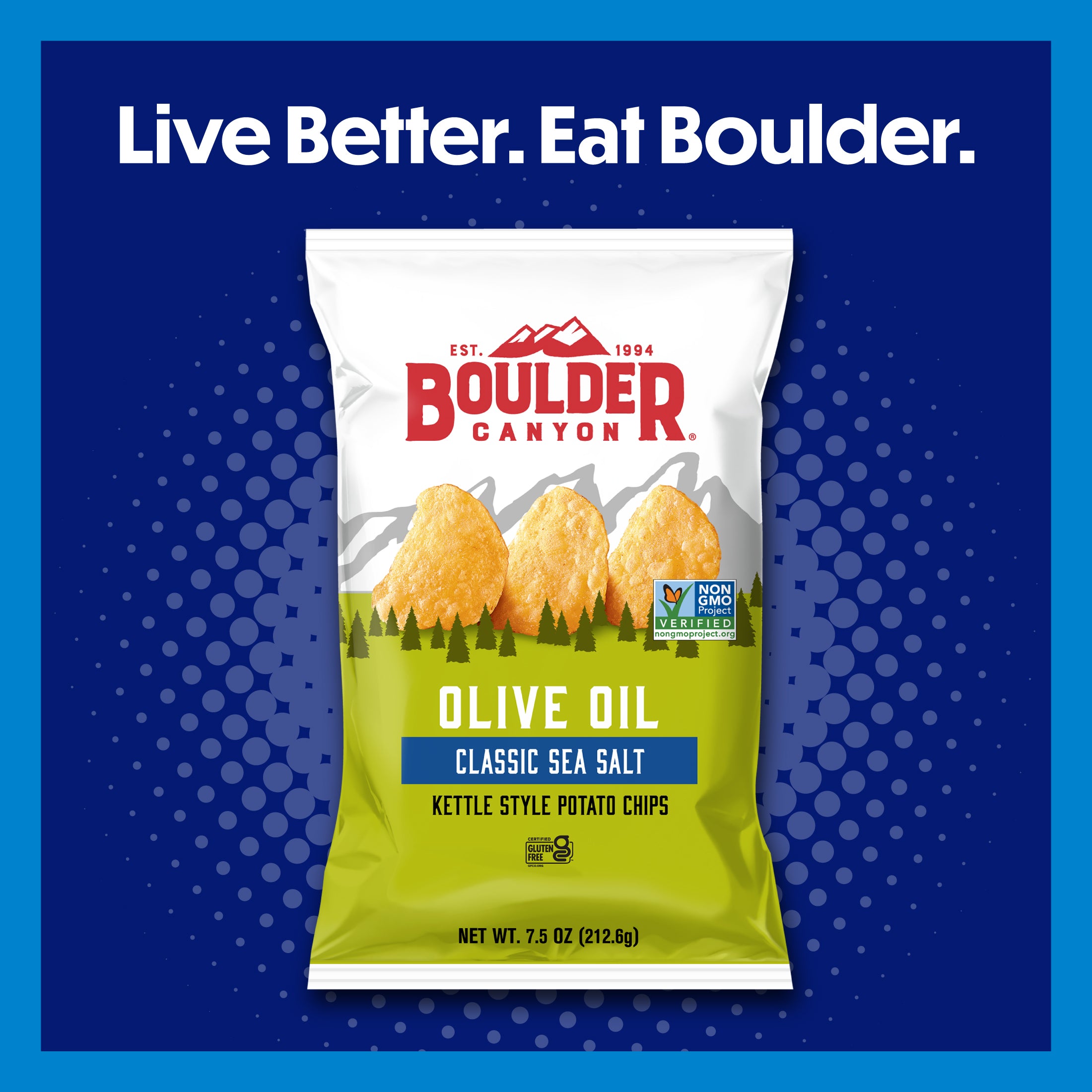 Boulder Canyon potato chip bag on a blue background with 'Live Better. Eat Boulder.' text.