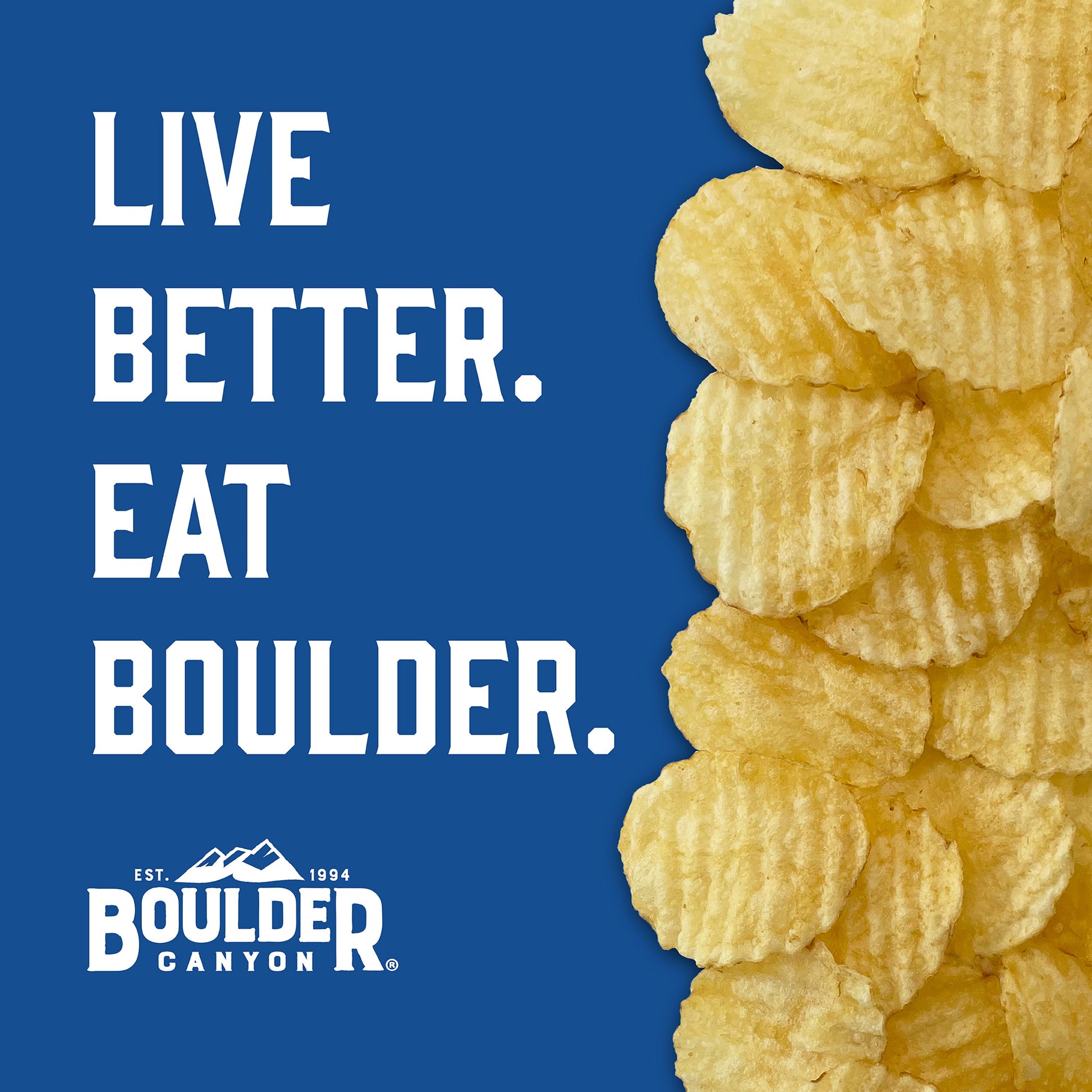 Boulder Canyon potato chips with 'Live Better. Eat Boulder.' text on a blue background