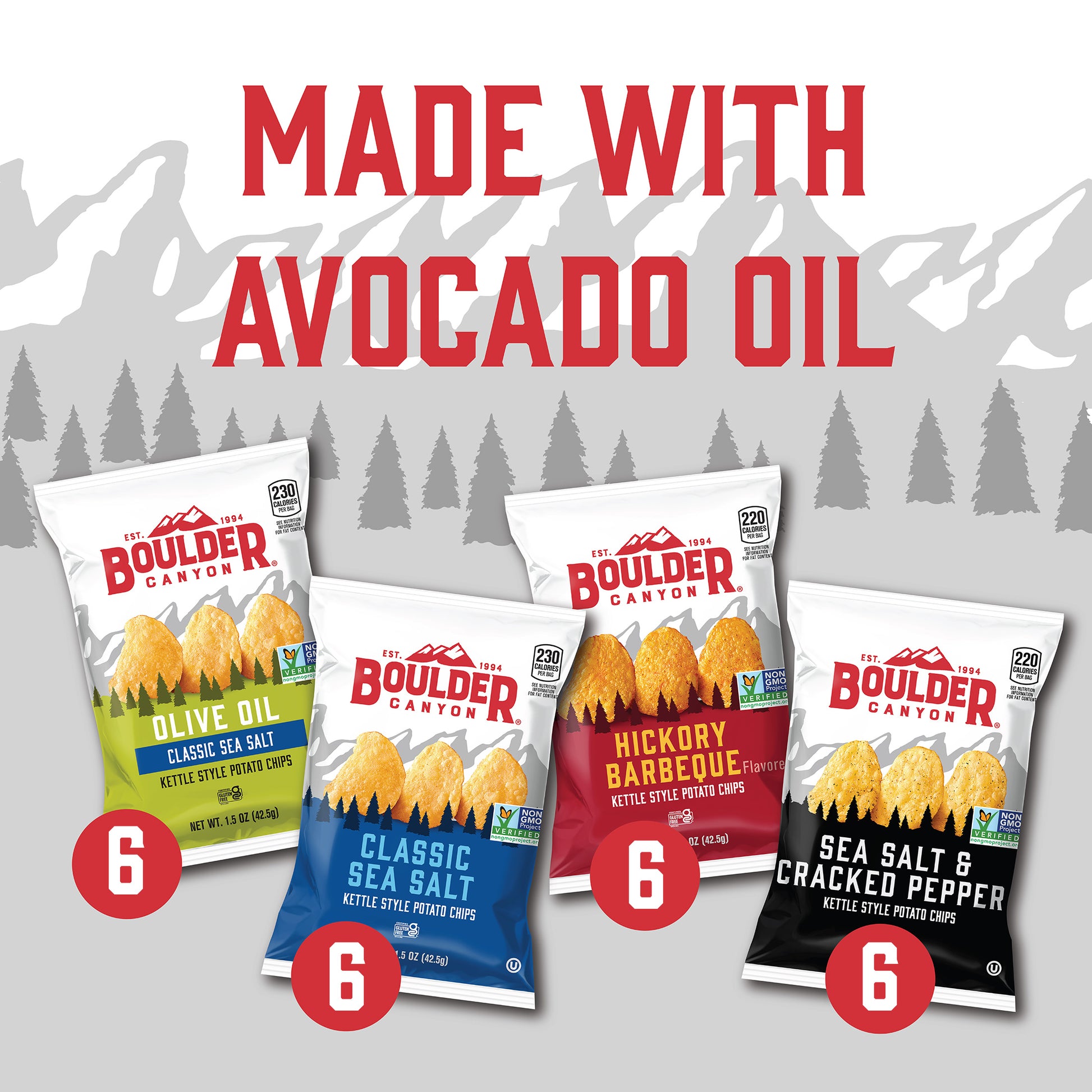 Boulder Canyon potato chip packages with avocado oil text on a gray background