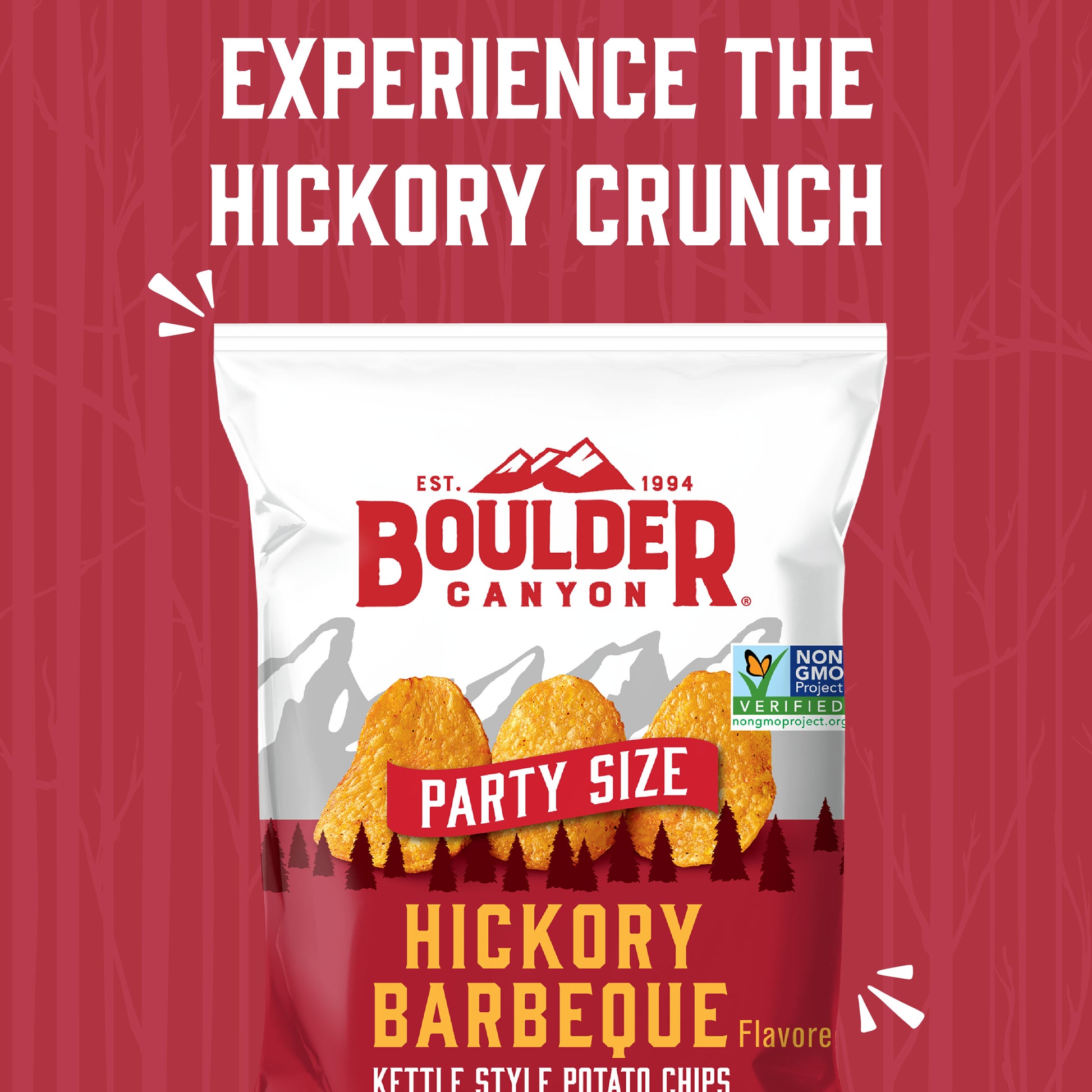 Boulder Canyon Hickory Barbeque potato chips packaging on a red background