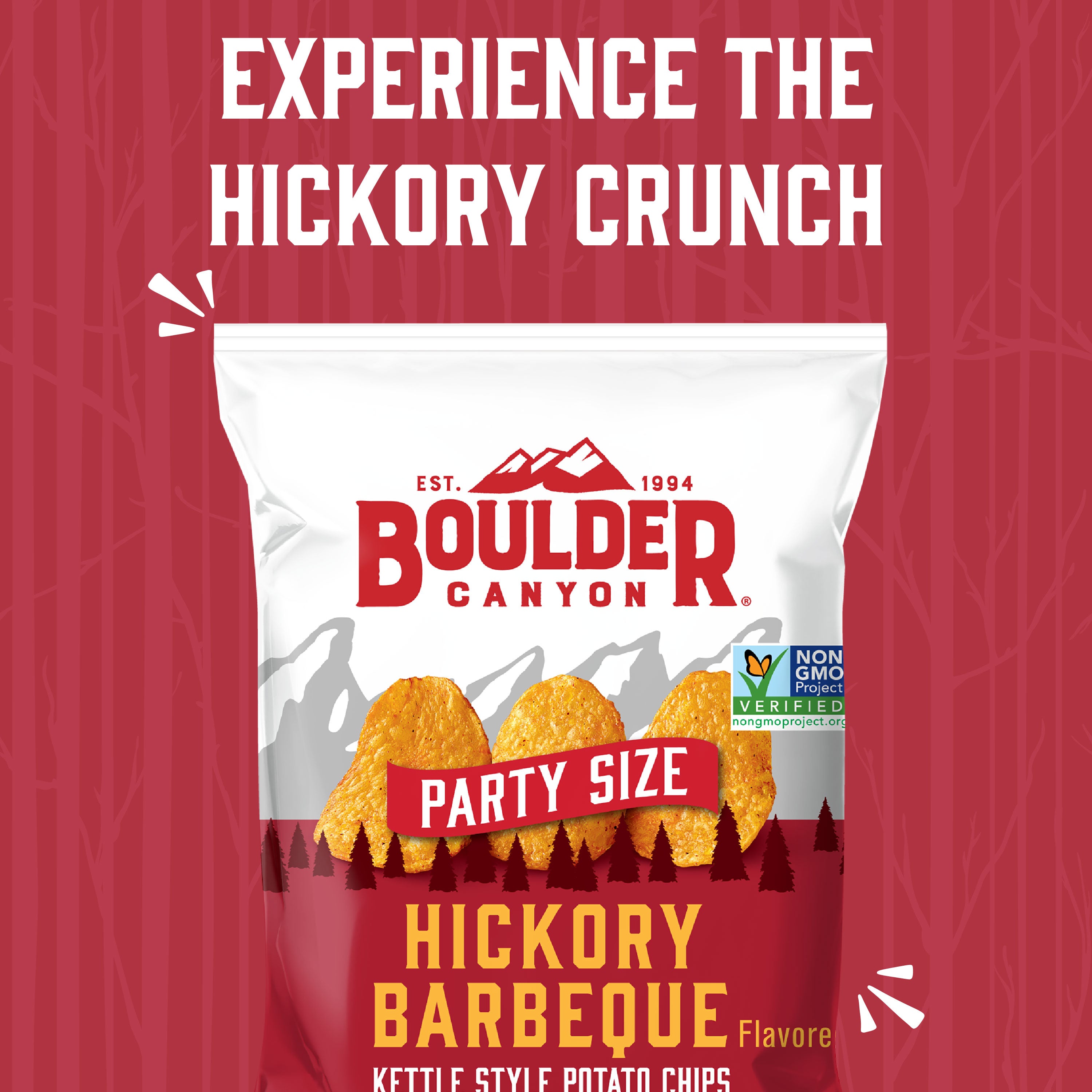 Boulder Canyon Hickory Barbeque potato chips packaging on a red background