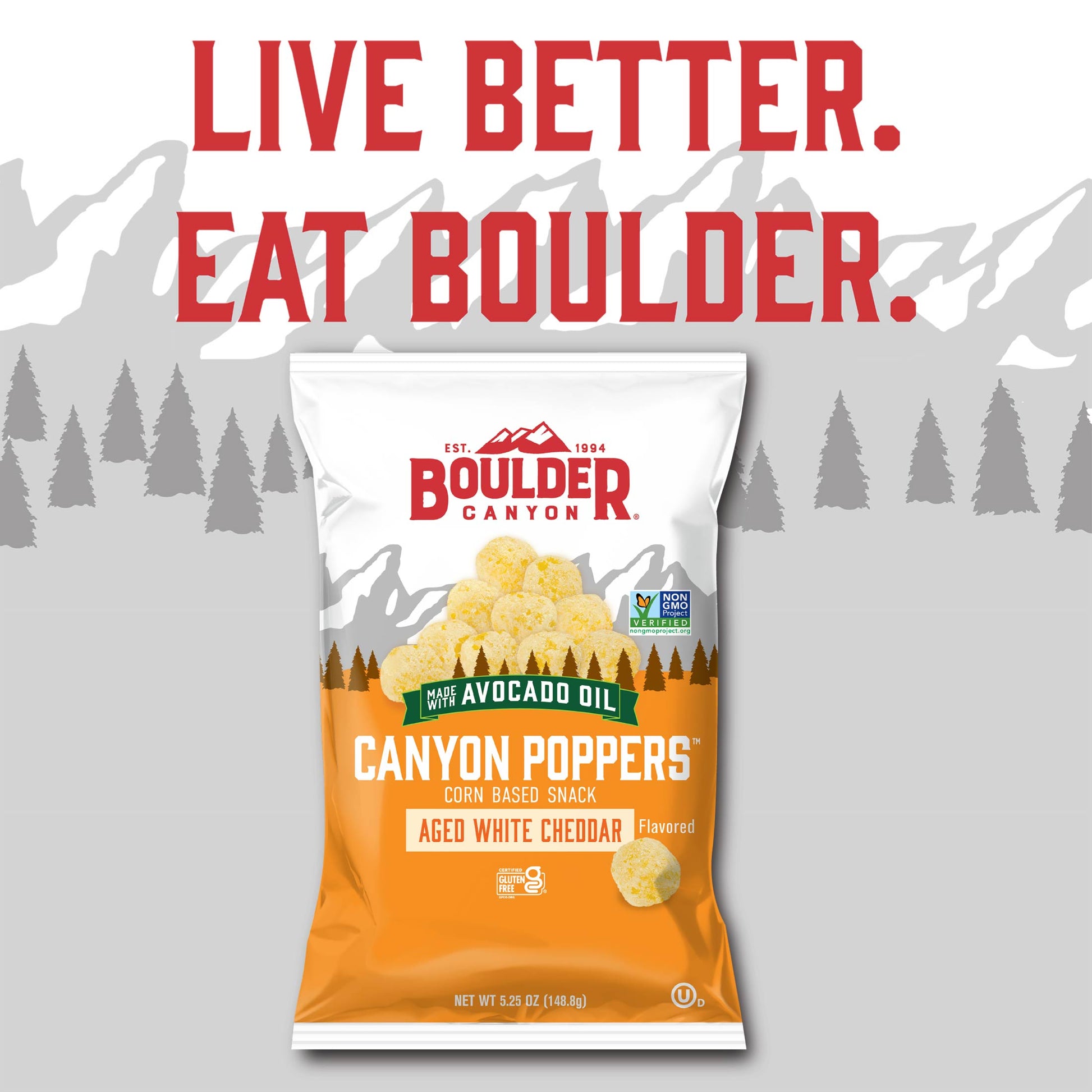 Boulder Canyon Canyon Poppers snack bag with 'Live Better. Eat Boulder.' text on a mountainous background.