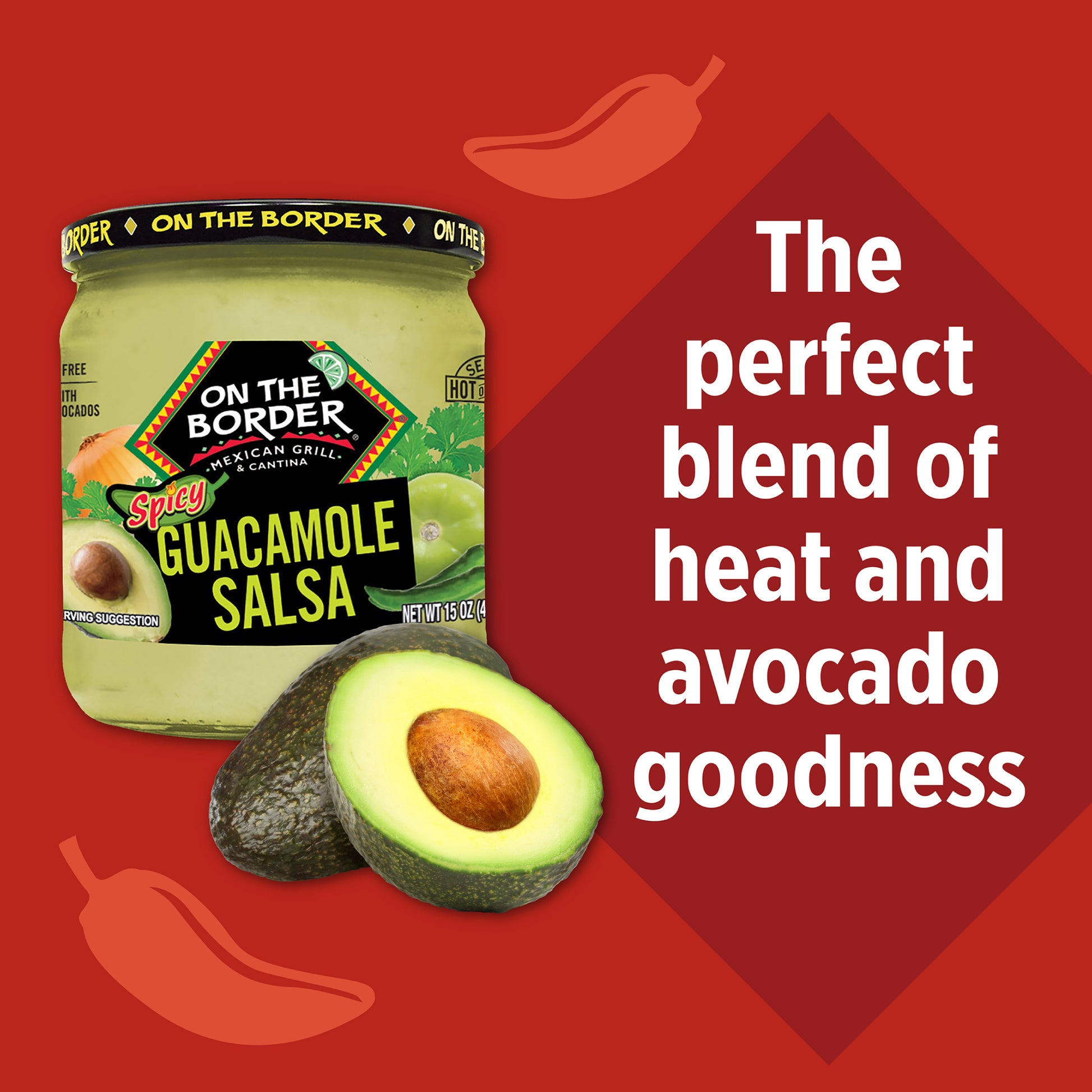 Jar of 'On the Border' Spicy Guacamole Salsa with an avocado and text on a red background