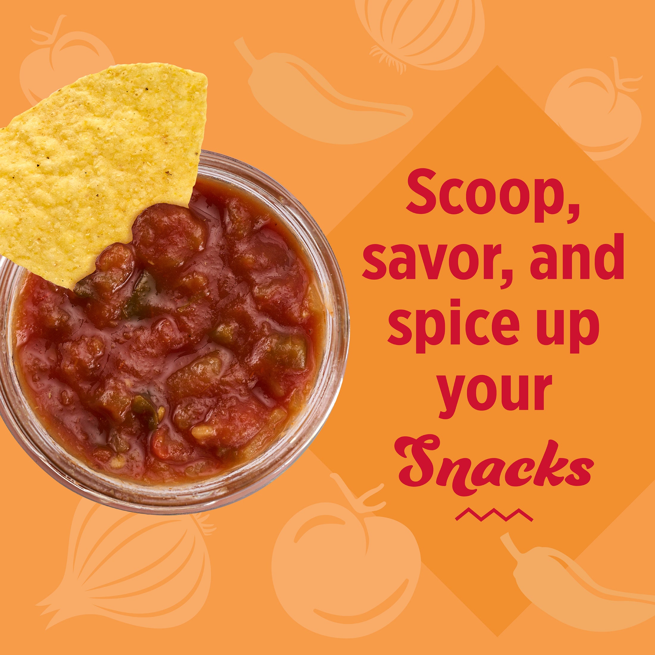 Jar of salsa with a tortilla chip on an orange background with text 'Scoop, savor, and spice up your snacks'.