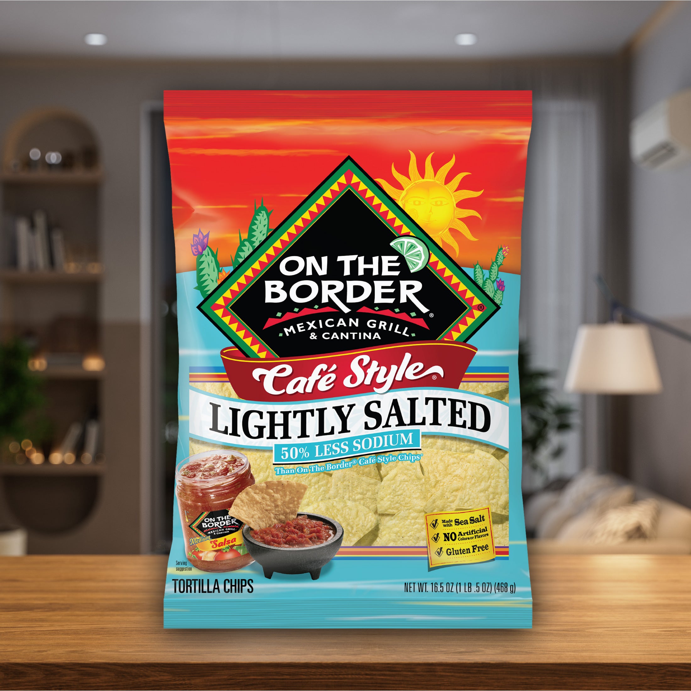 On The Border tortilla chips package on a table in a kitchen setting