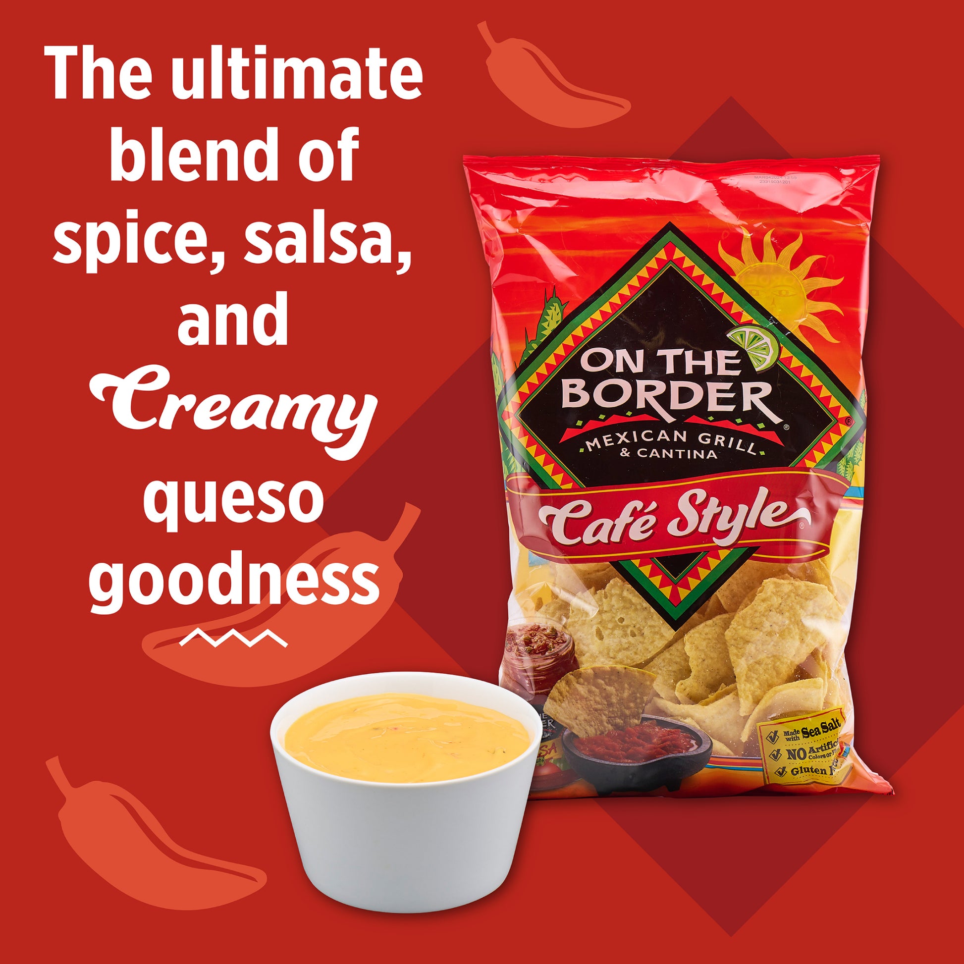 On The Border tortilla chips package with a bowl of queso on a red background