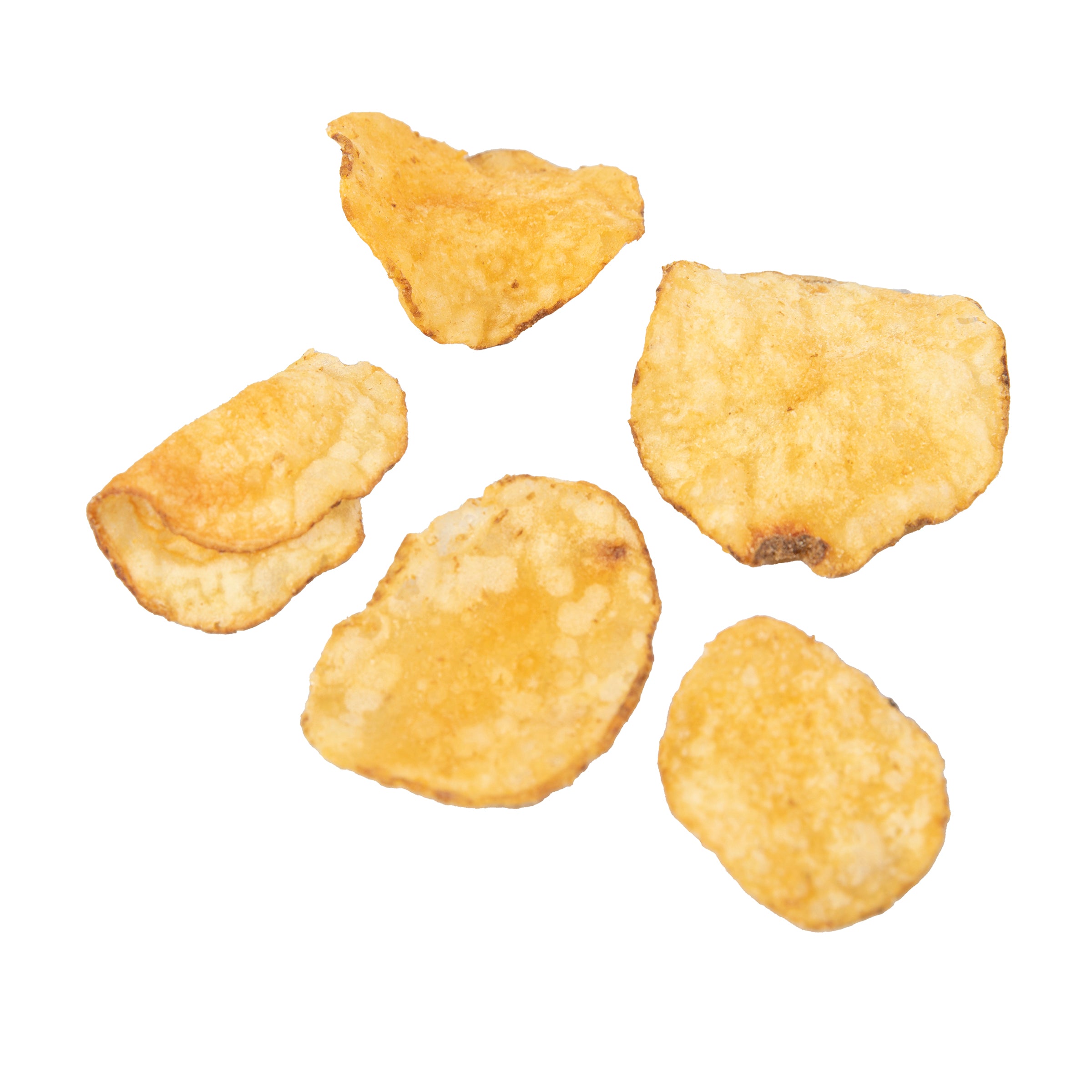 Five golden-brown potato chips on a white background