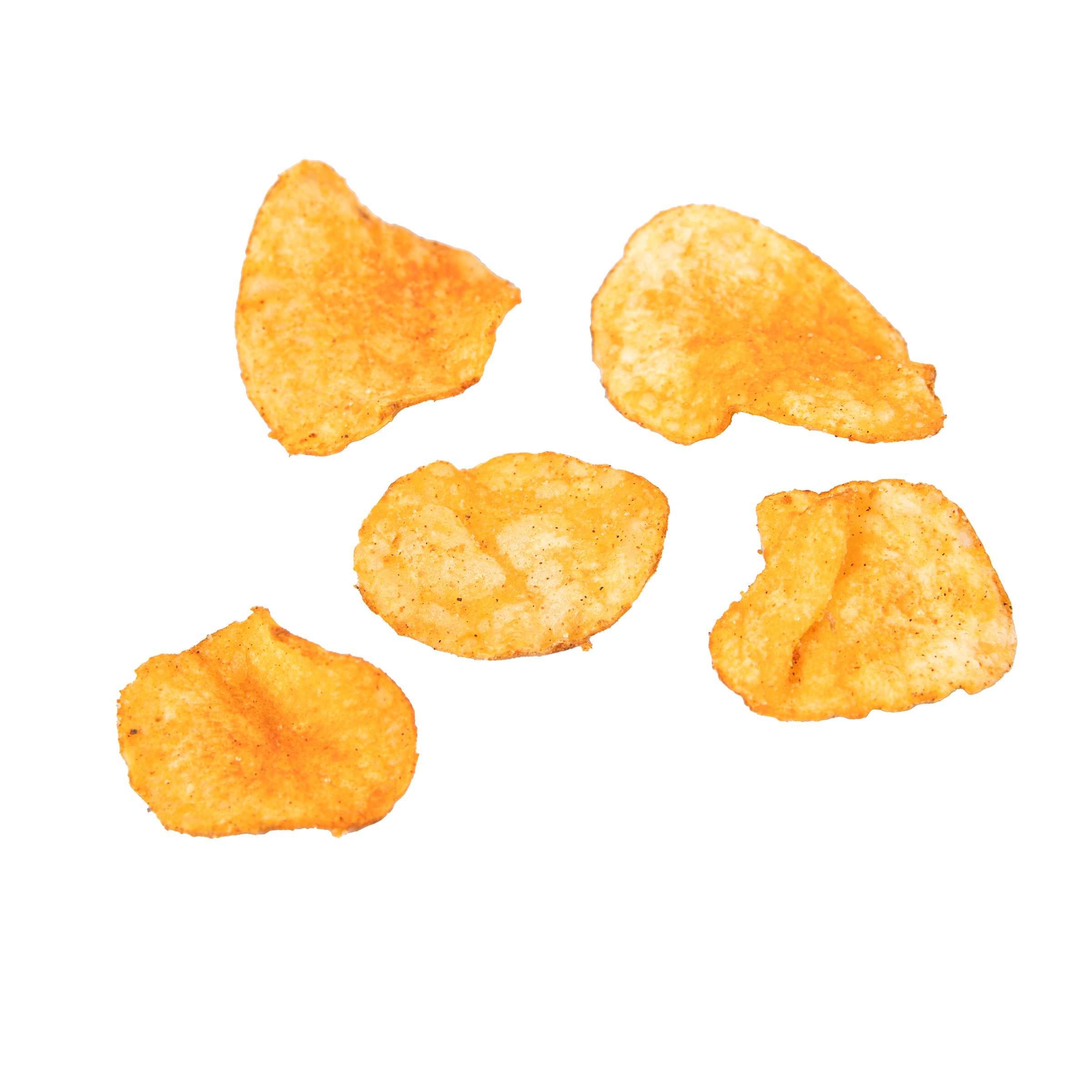 Five golden-brown potato chips on a white background