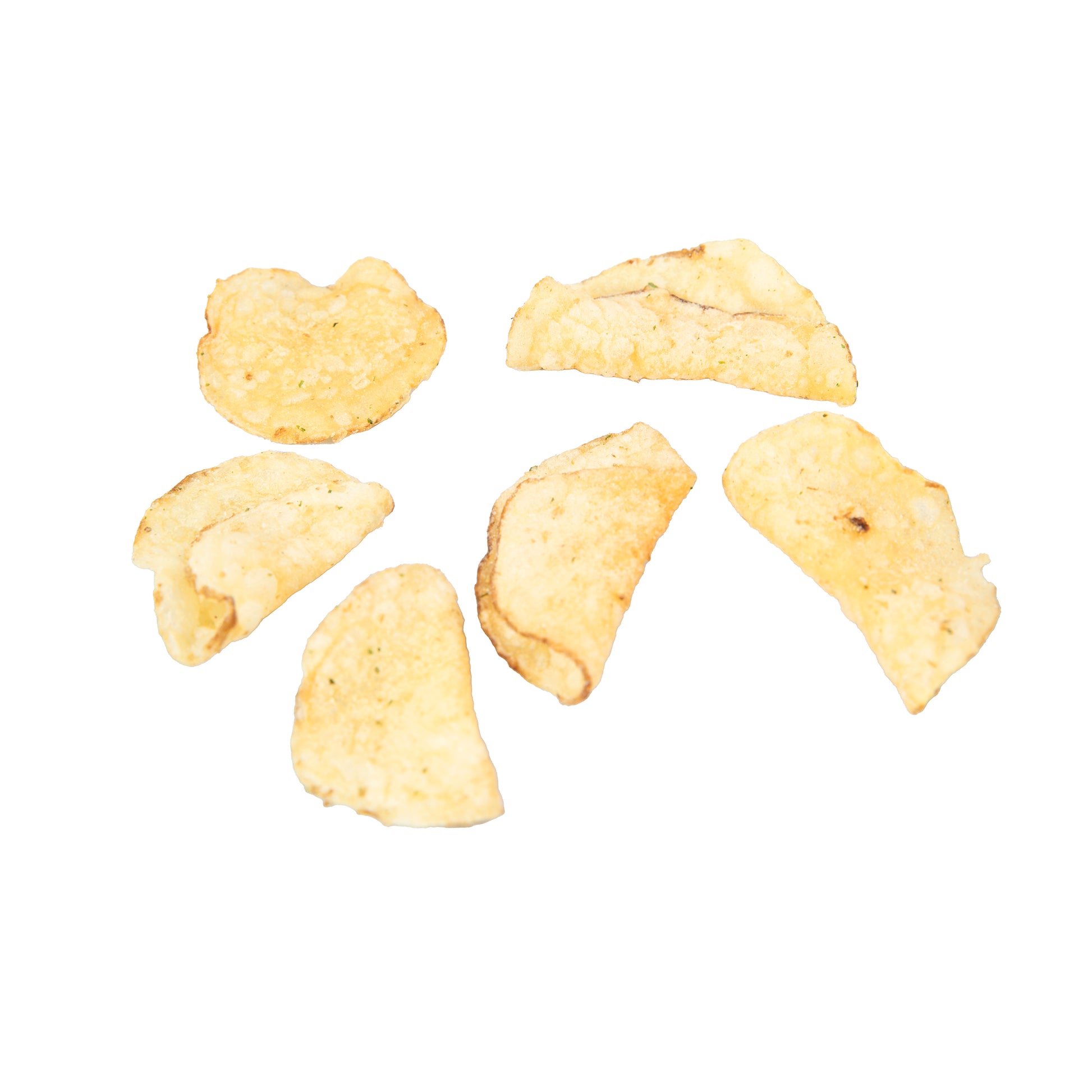Six potato chips arranged in a circle on a white background