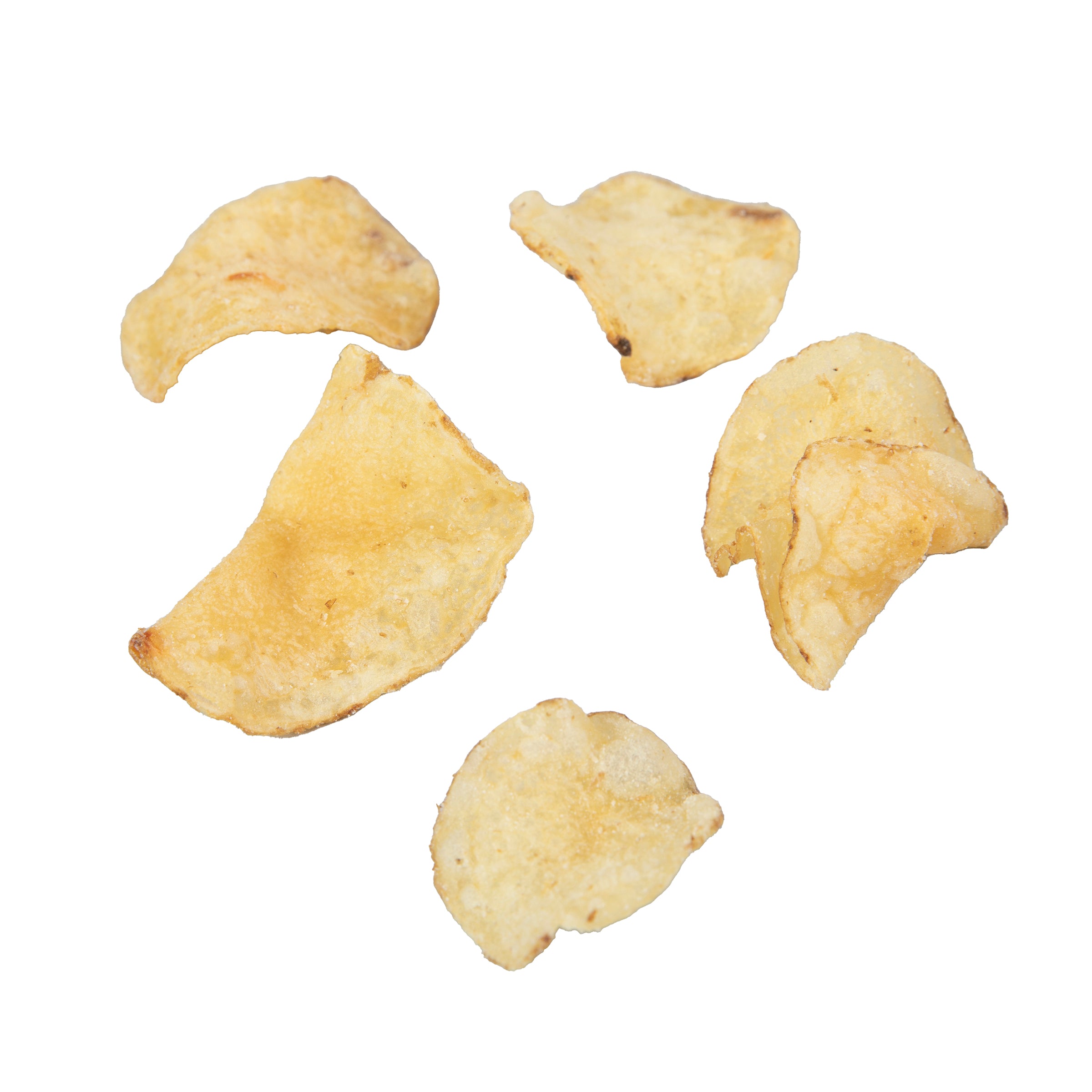 Five potato chips on a white background
