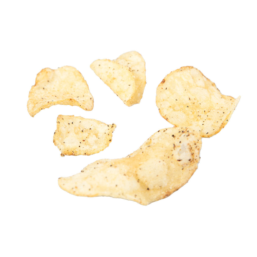 Five potato chips on a white background