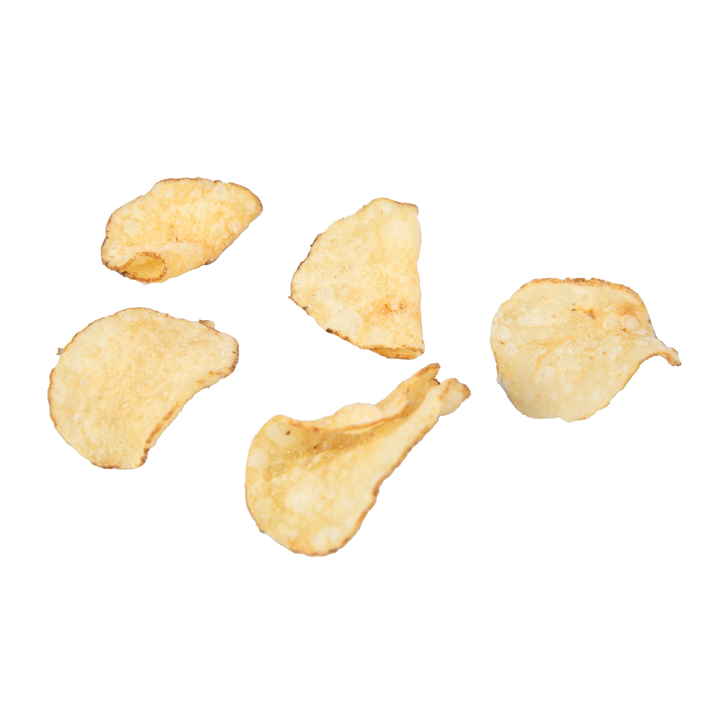 Five potato chips on a white background