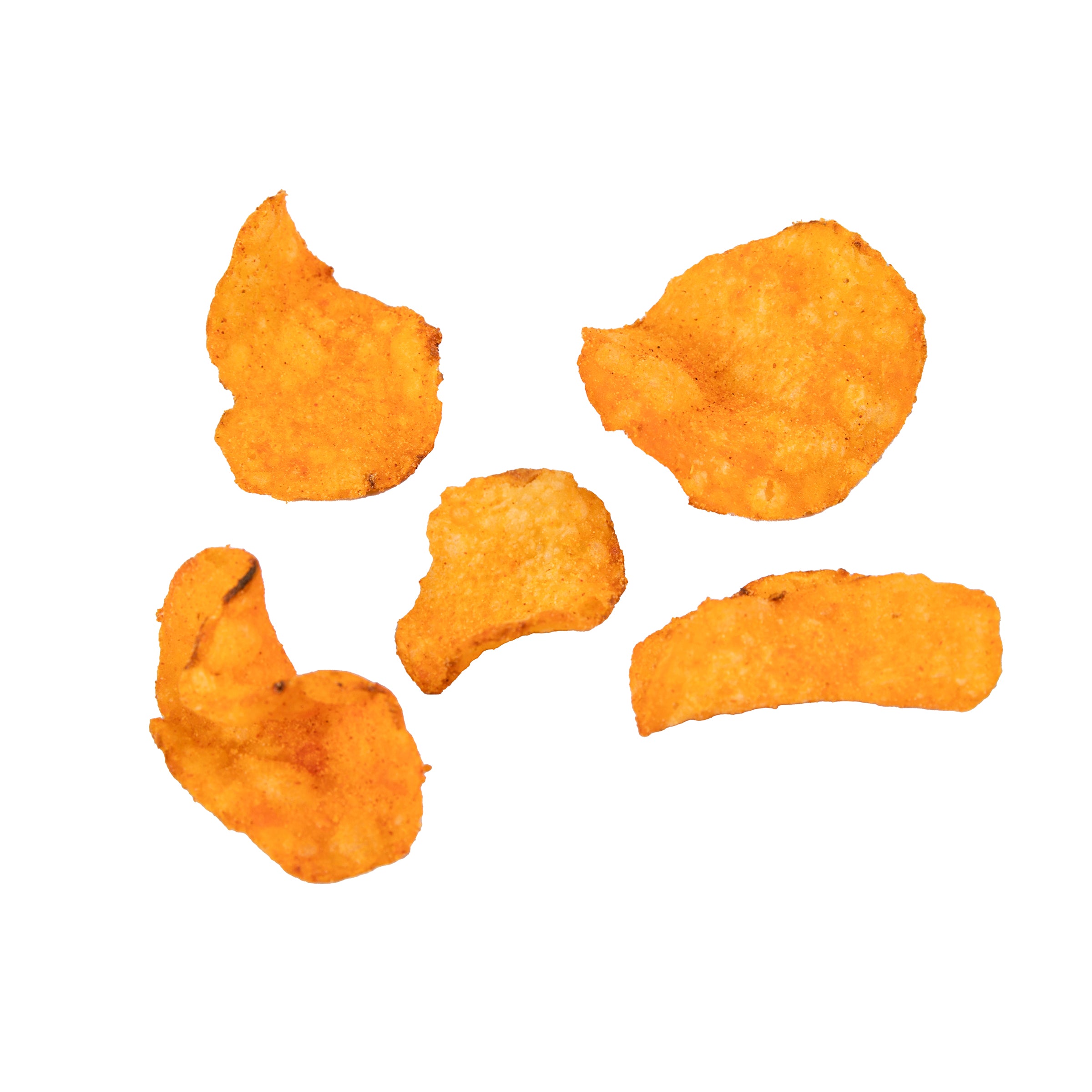 Five golden-brown potato chips on a white background