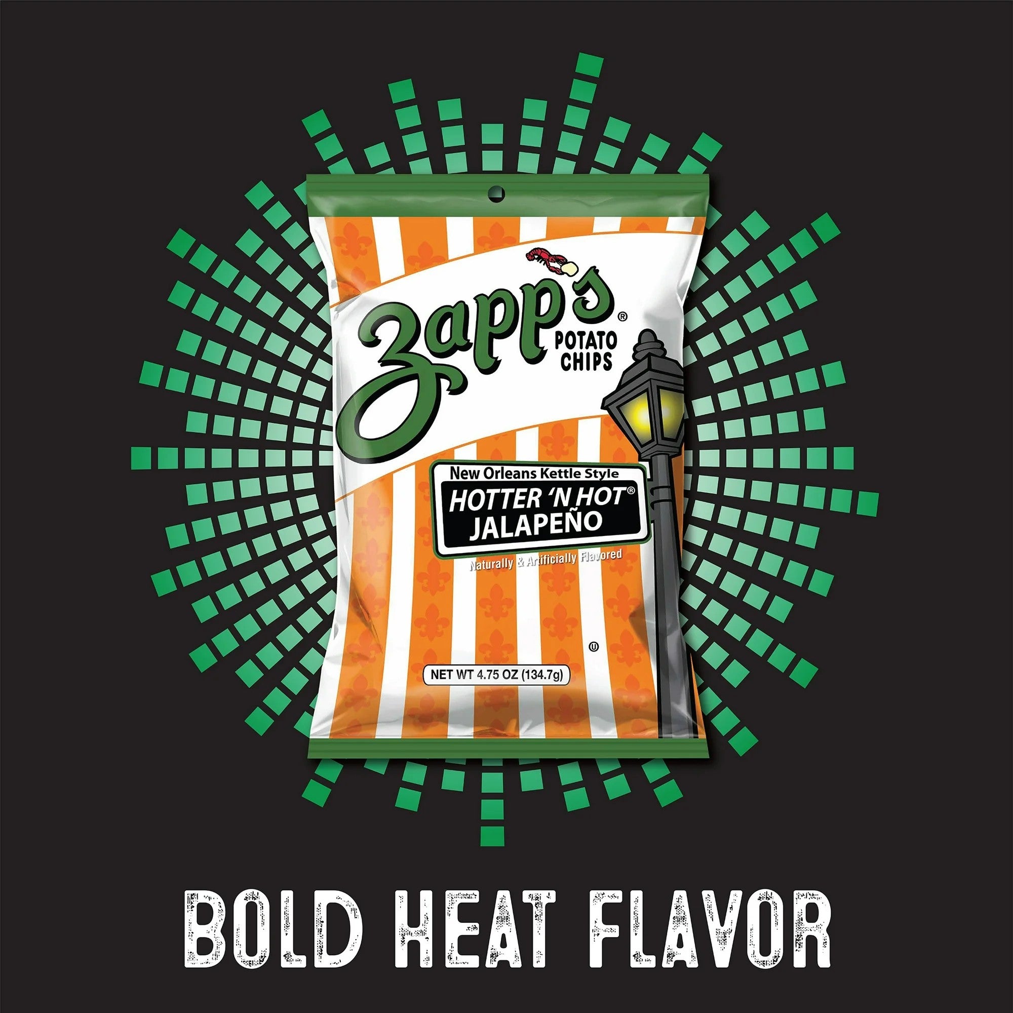 Zapp's potato chips packet with 'Hotter N' Hot Jalapeño' flavor on a black background