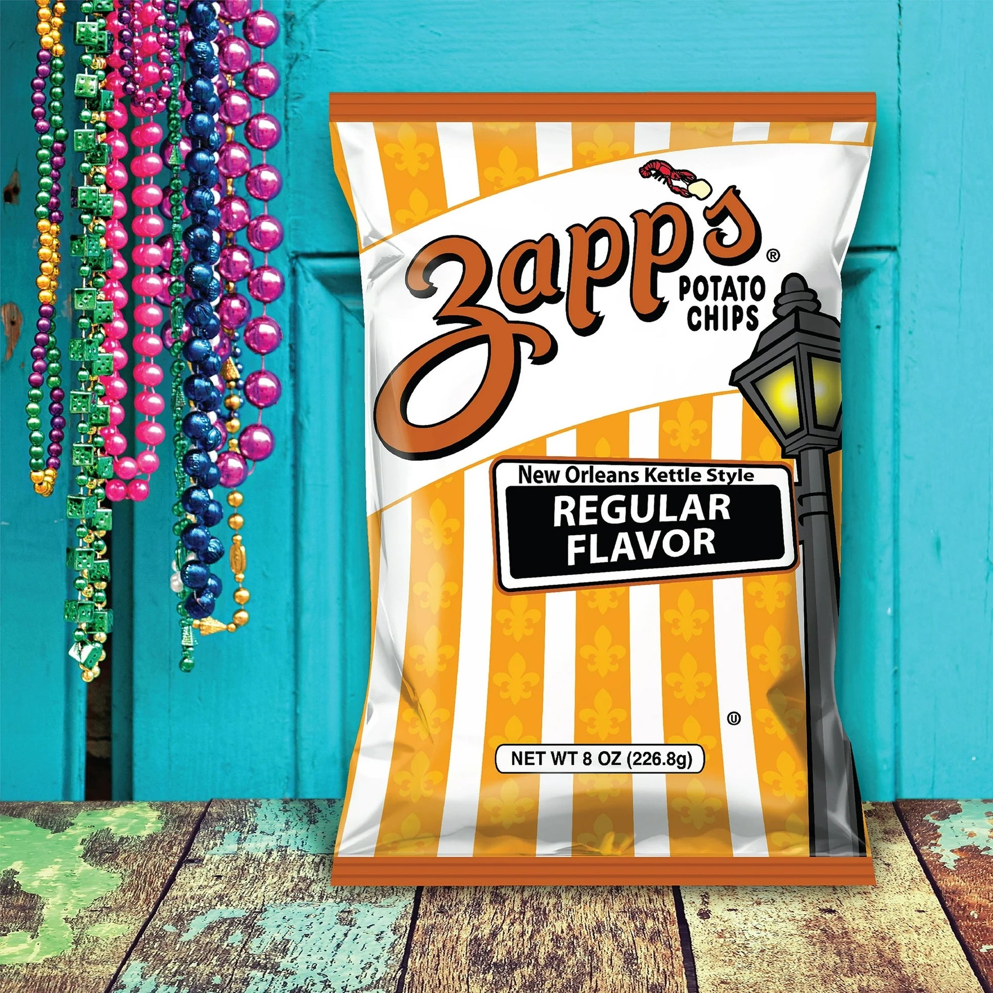 Zapp's potato chips bag with New Orleans-themed design on a blue background
