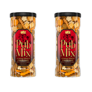 Two transparent containers with black lids, labeled 'Pub Mix' by Utz, filled with a variety of snack foods including pretzels and chips.