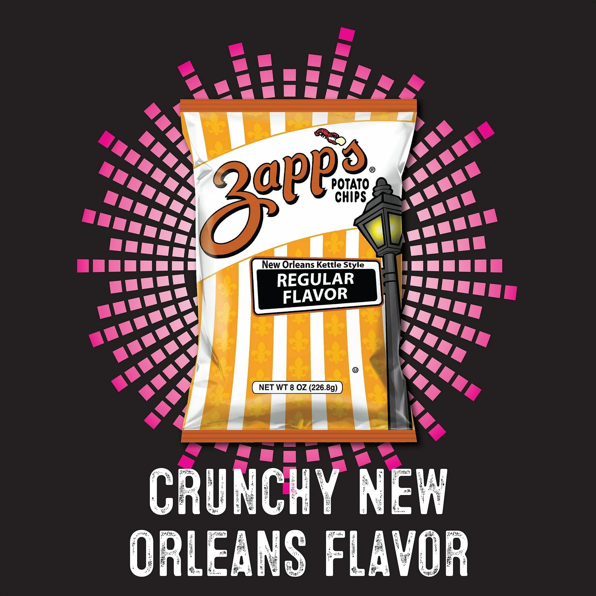Zapp's potato chips packaging with a black background and pink decorative elements.
