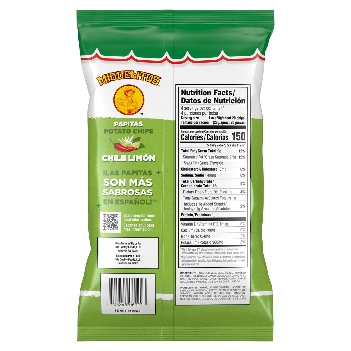 Miguelitos Chile Limón Potato Chips, back of bag