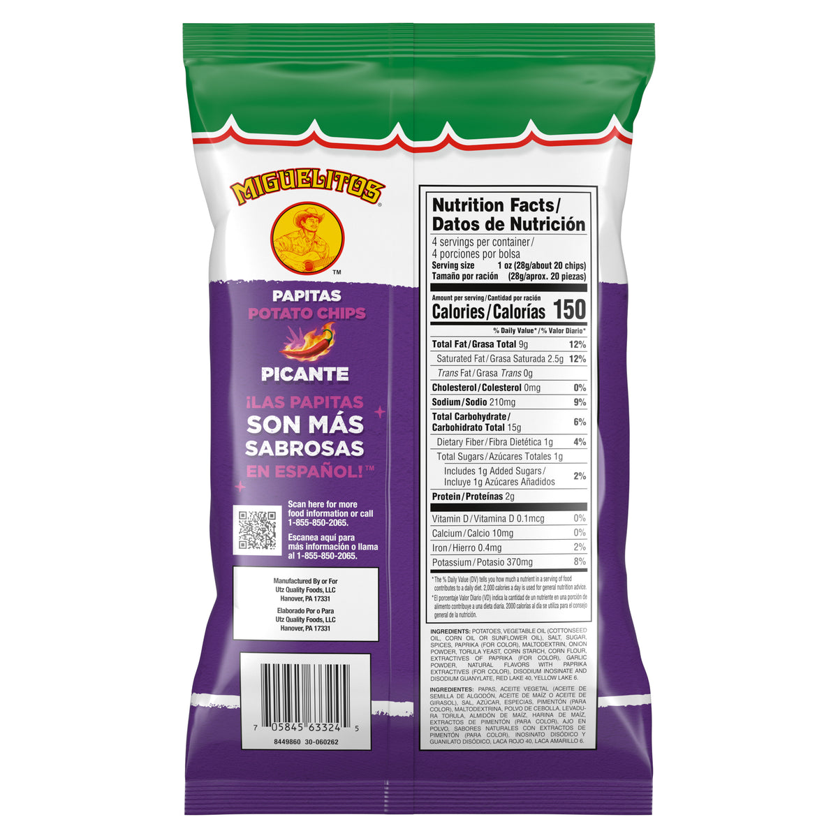 Miguelitos Picante Potato Chips, back of bag