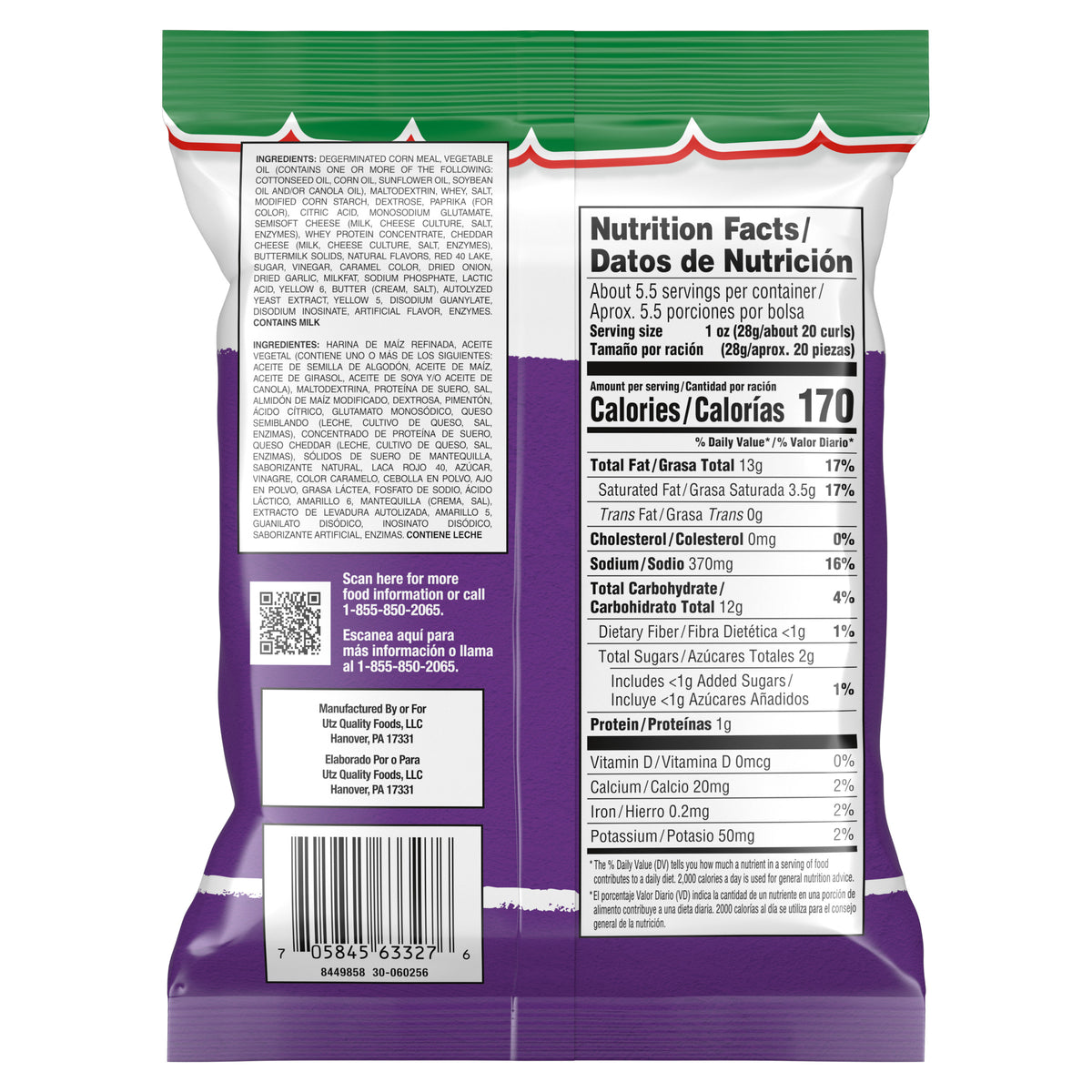 Miguelitos Picante Crunchy Curls, back of bag