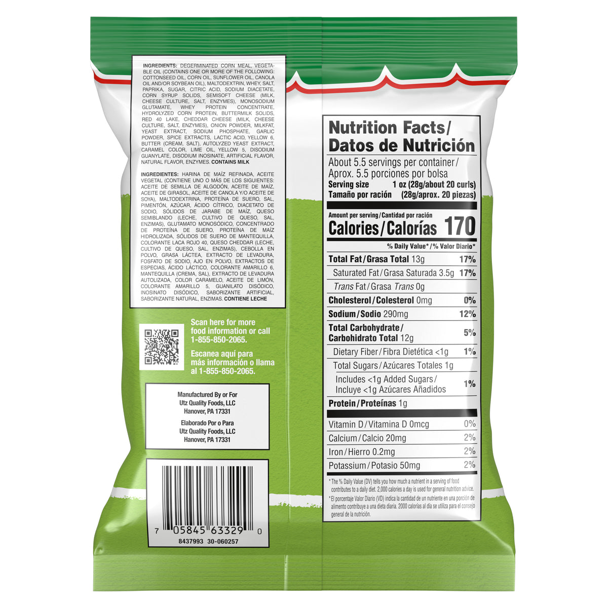 Miguelitos Chile Limón Crunchy Curls, back of bag