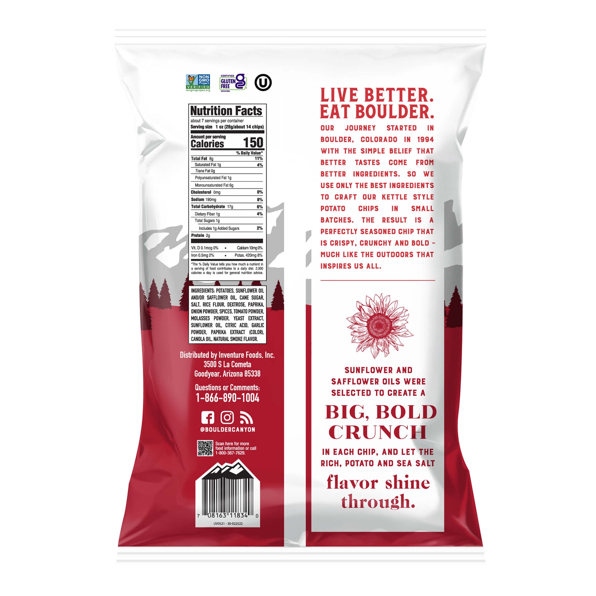 Boulder chips packaging with red and white design, featuring text and nutrition facts.