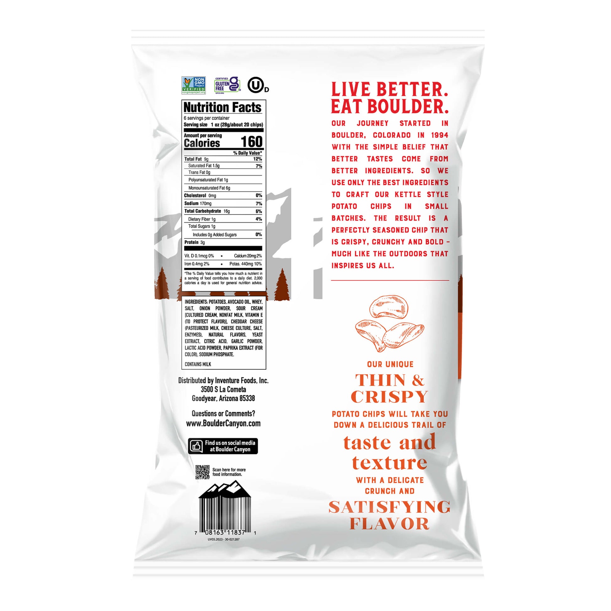 Back of a Bouldier potato chip bag with branding and product description.