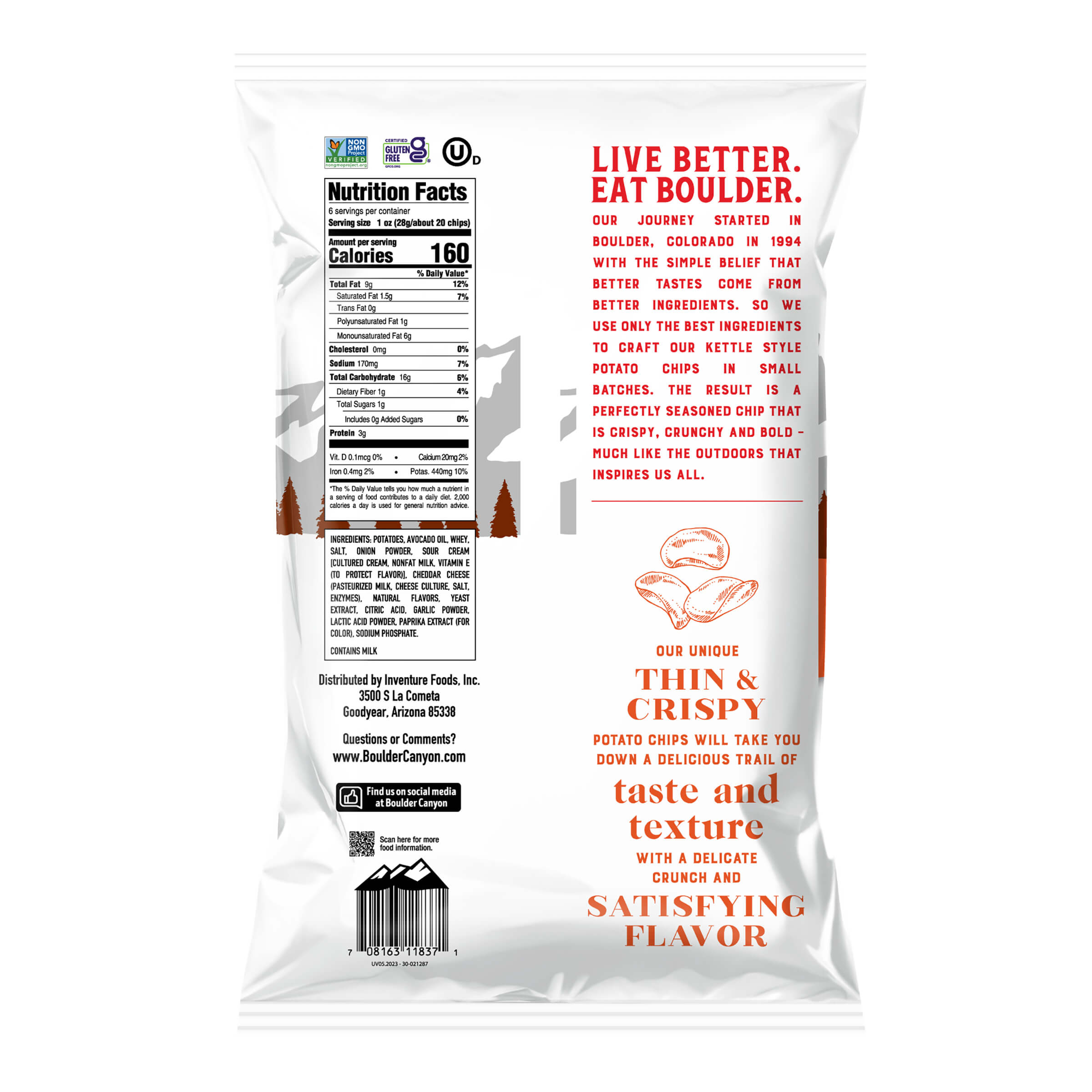 Back of a Bouldier potato chip bag with branding and product description.
