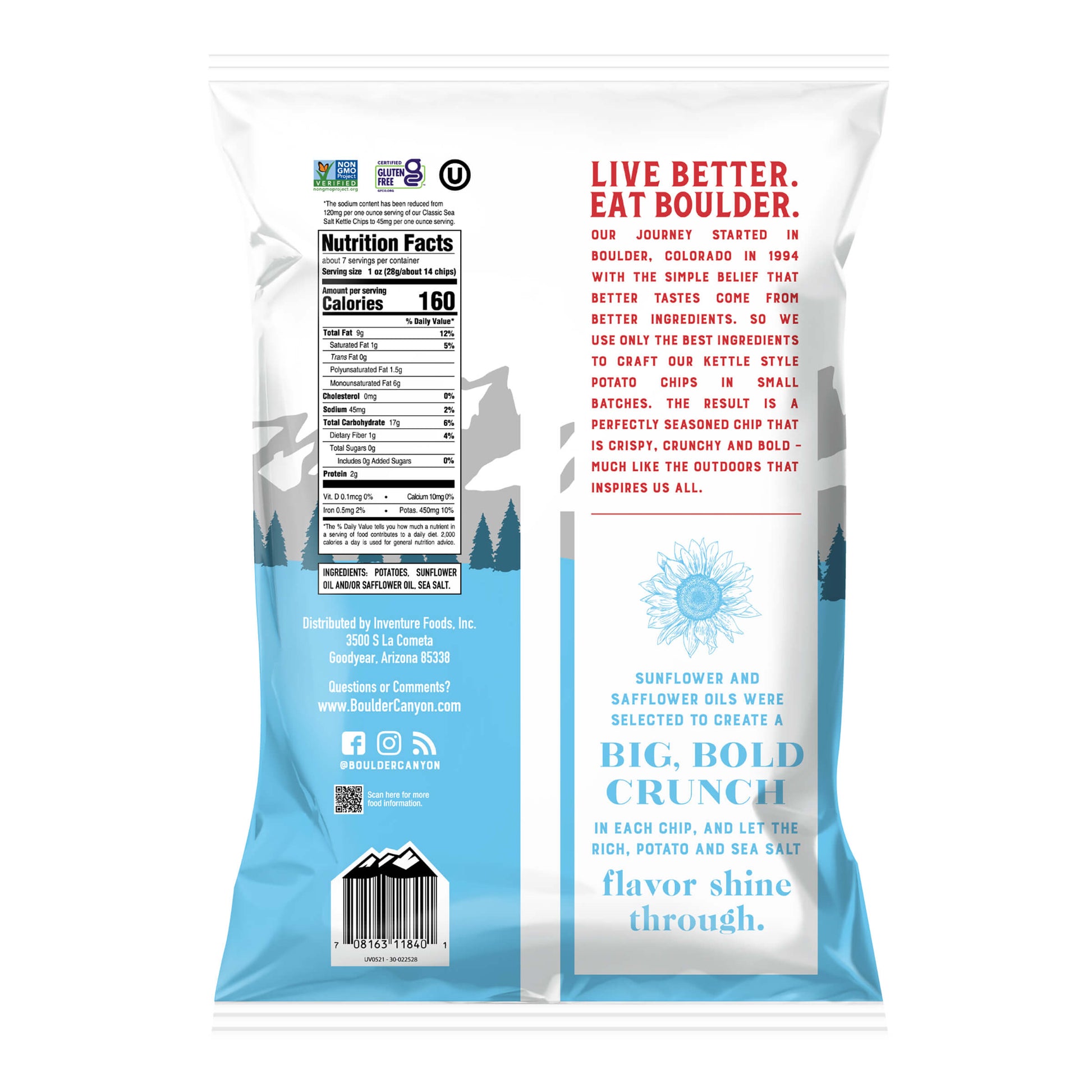 Back view of a Boulder Canyon potato chip bag with text and nutrition label.