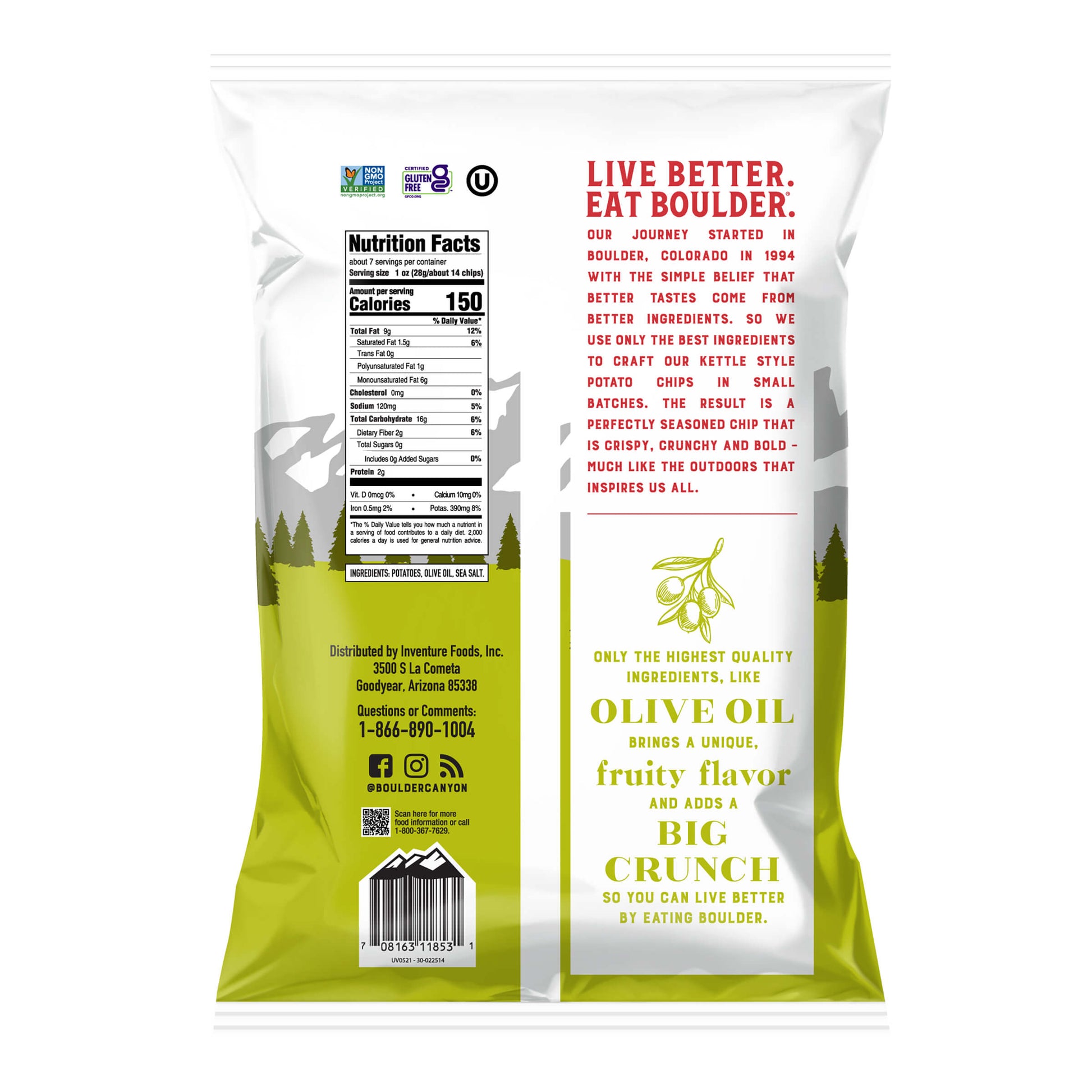 Back view of a Boulder brand olive oil packaging with nutritional information and branding details.