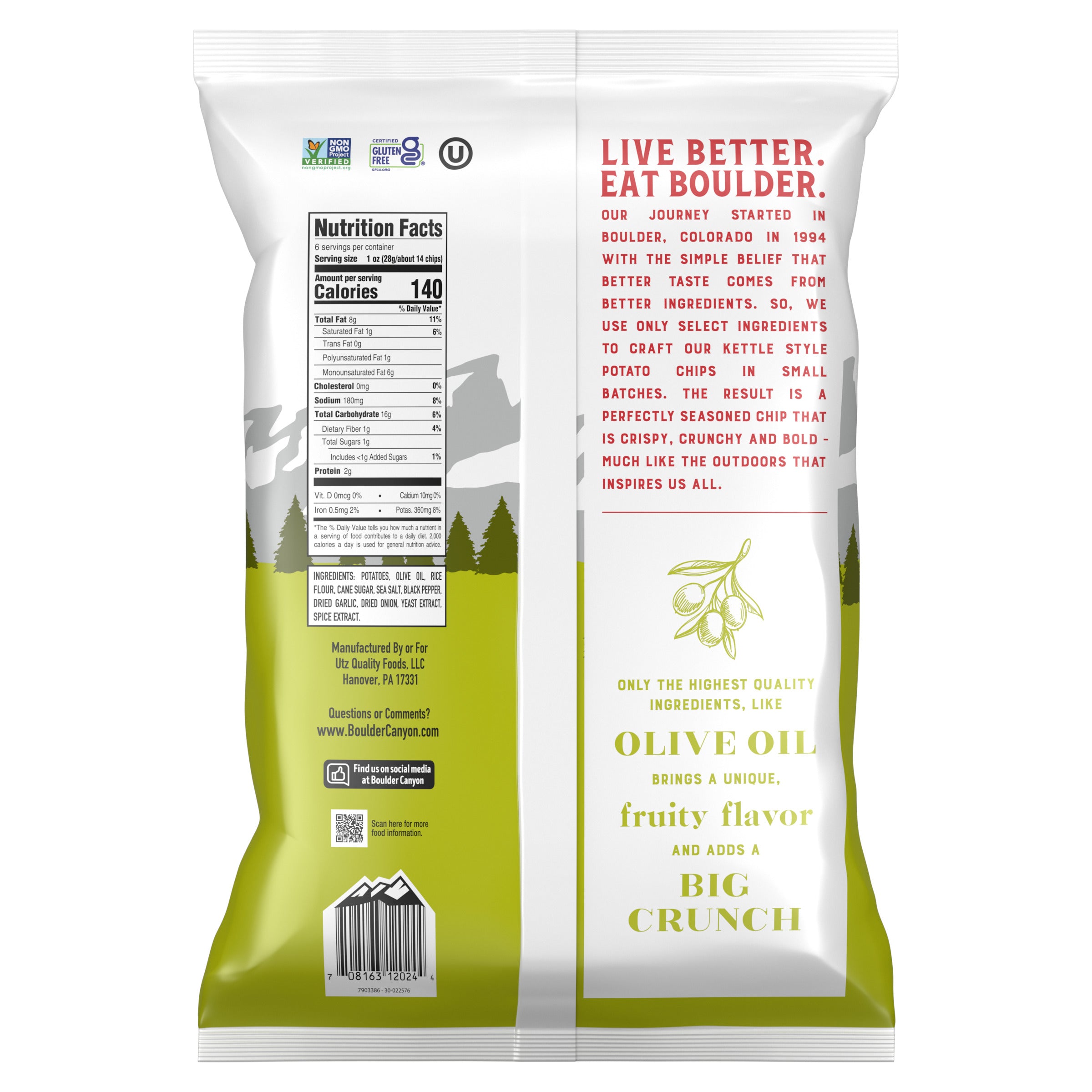 Back view of a bag of Live Better Eat Boulder chips with text and nutritional information.