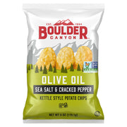 Boulder Canyon olive oil sea salt & cracked pepper kettle style potato chips packaging on a white background