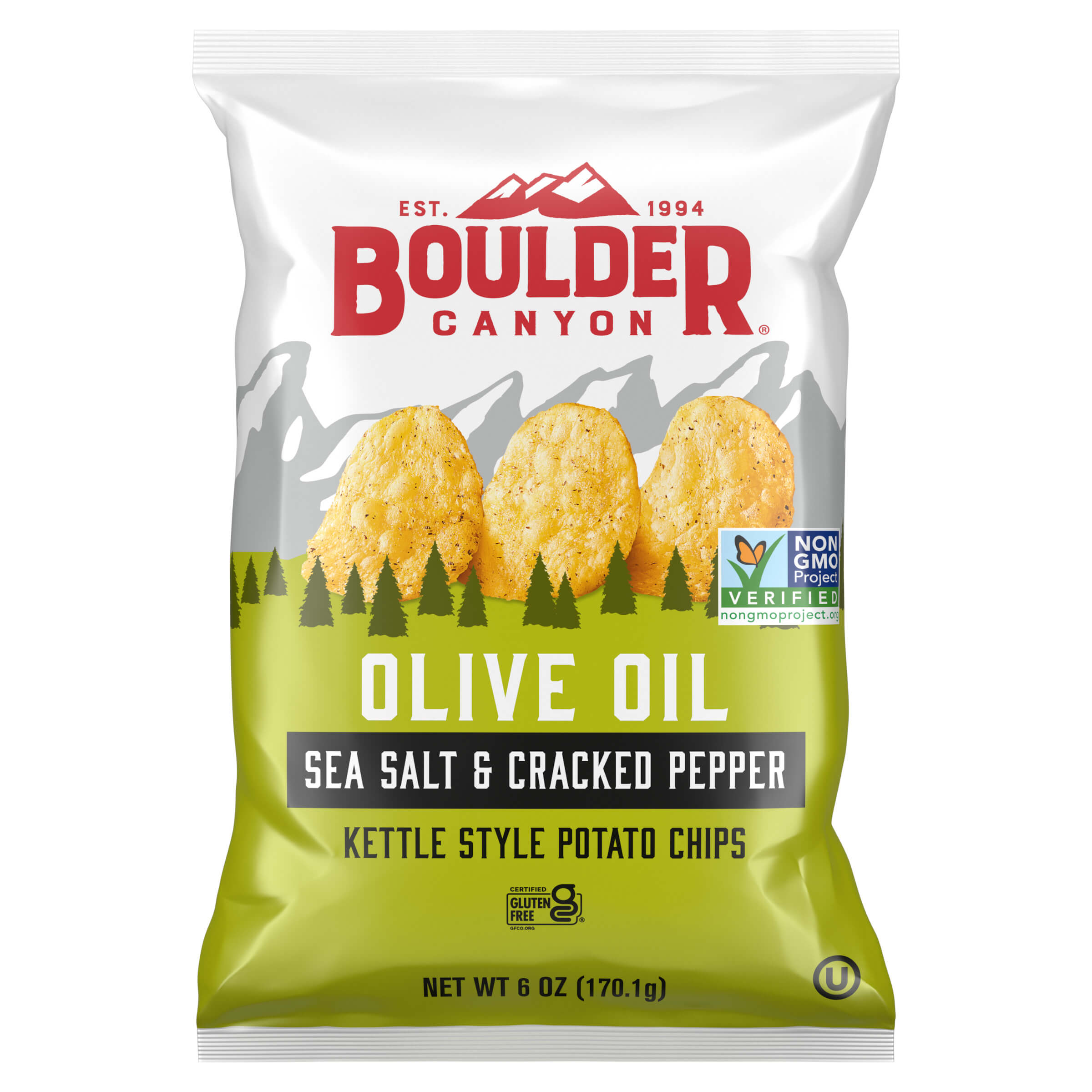 Boulder Canyon olive oil sea salt & cracked pepper kettle style potato chips packaging on a white background