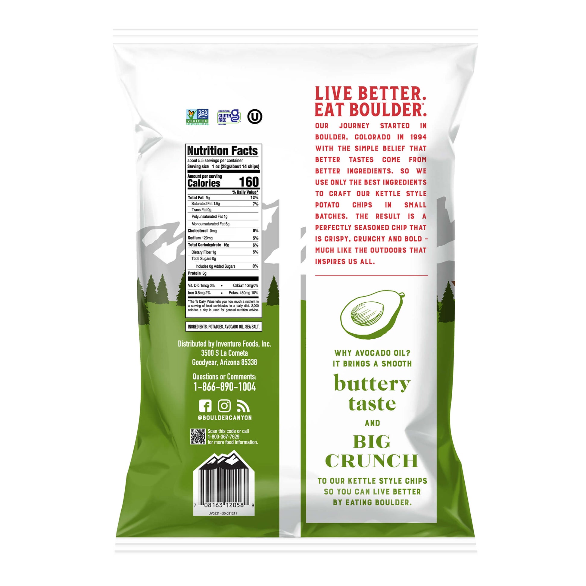 Back view of a green and white snack bag with branding and nutritional information.