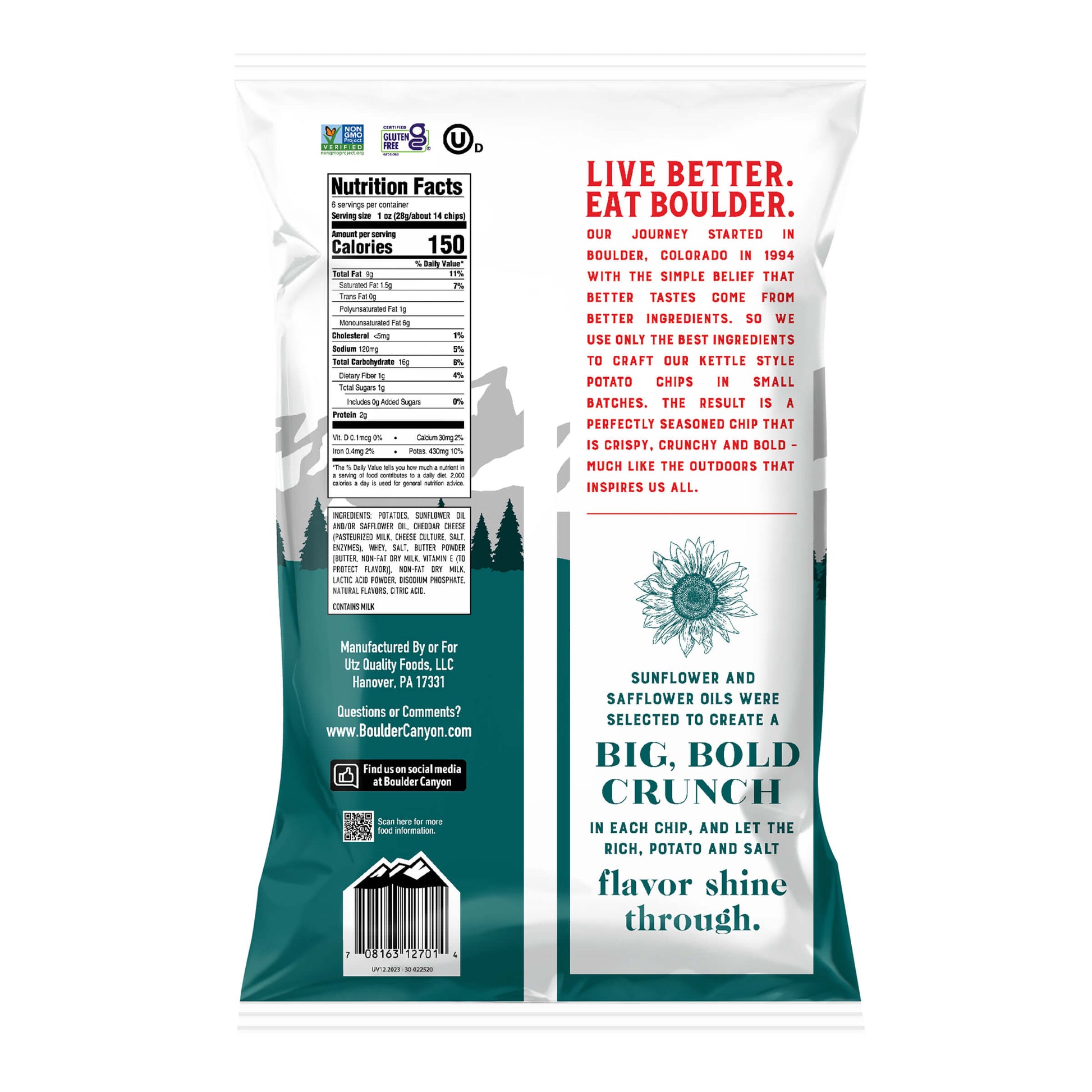Back view of a Boulders potato chip bag with text and nutrition label.