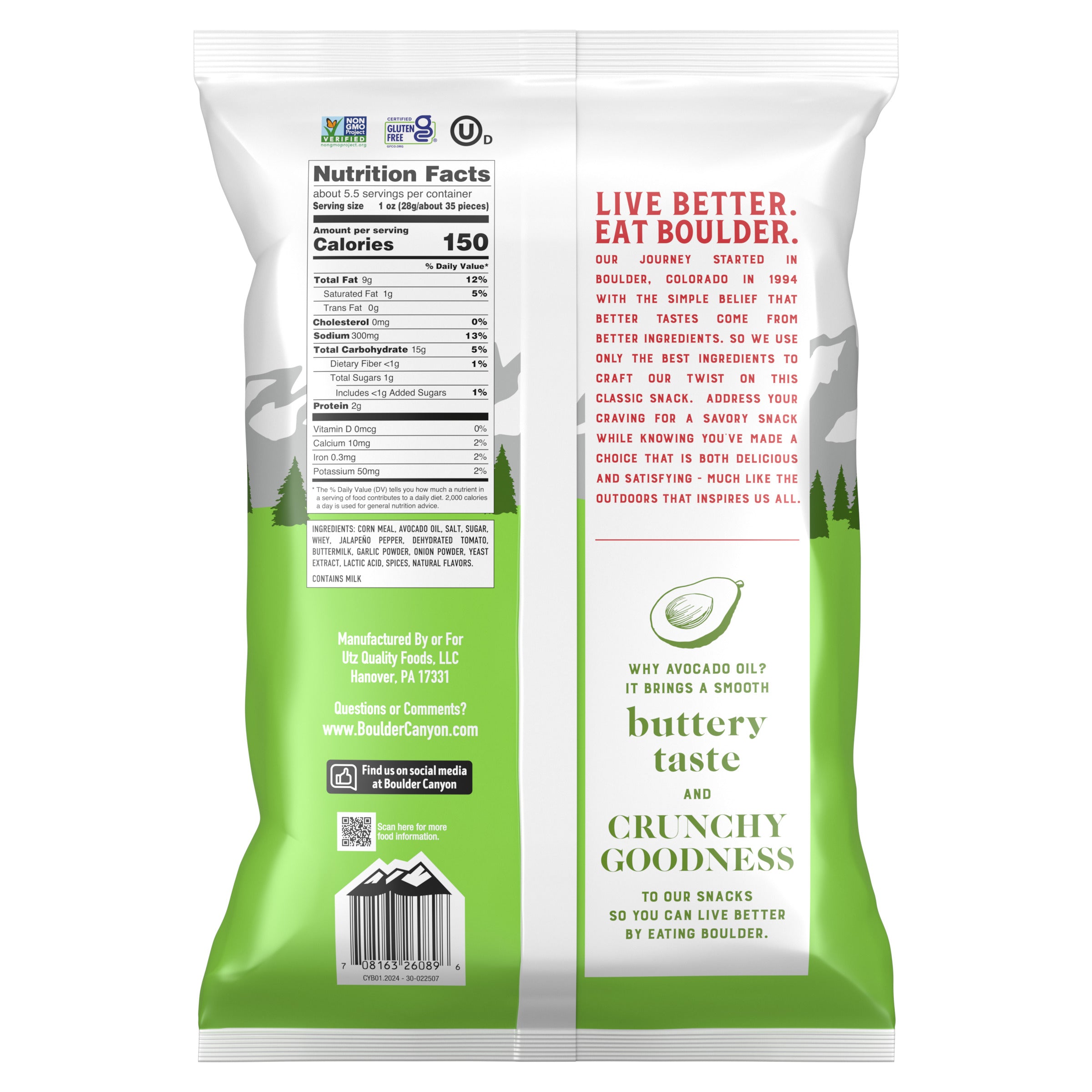 Back view of a green and white snack package with text and nutritional information.