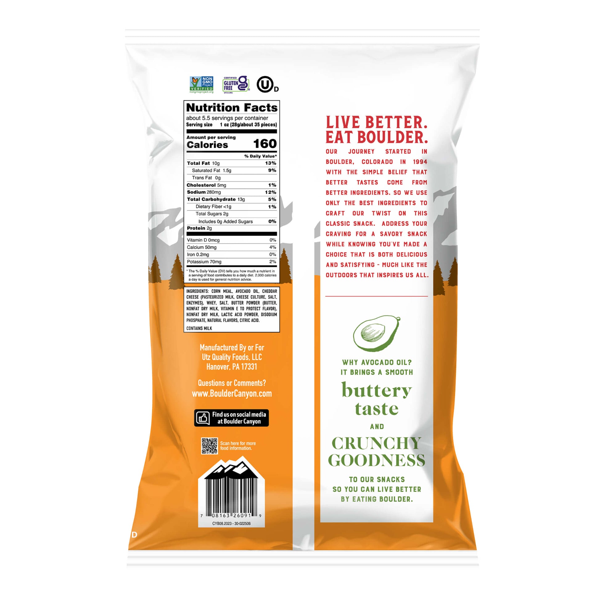Back of Boulder Canyon White Cheddar AVO Poppers bag showing nutrition facts and product description