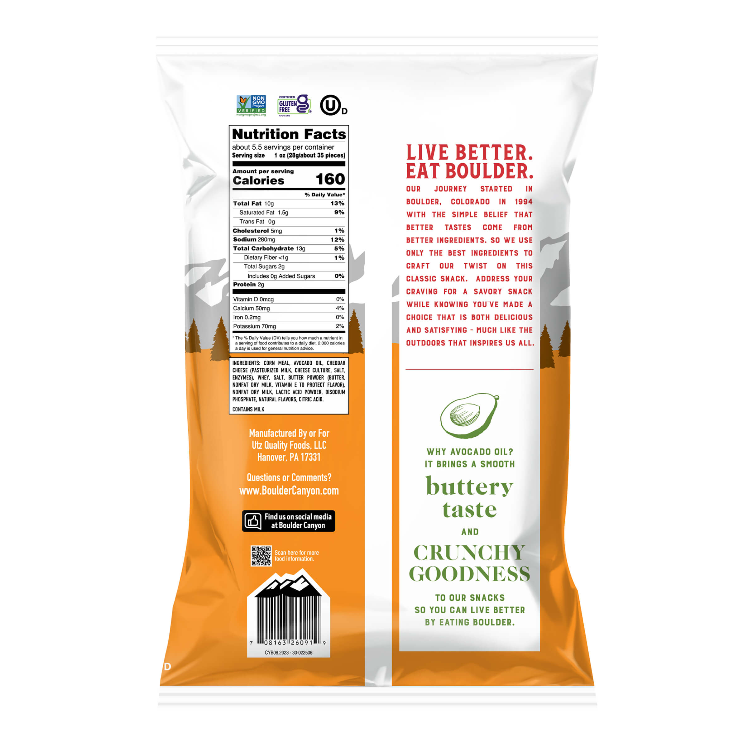 Back of Boulder Canyon White Cheddar AVO Poppers bag showing nutrition facts and product description