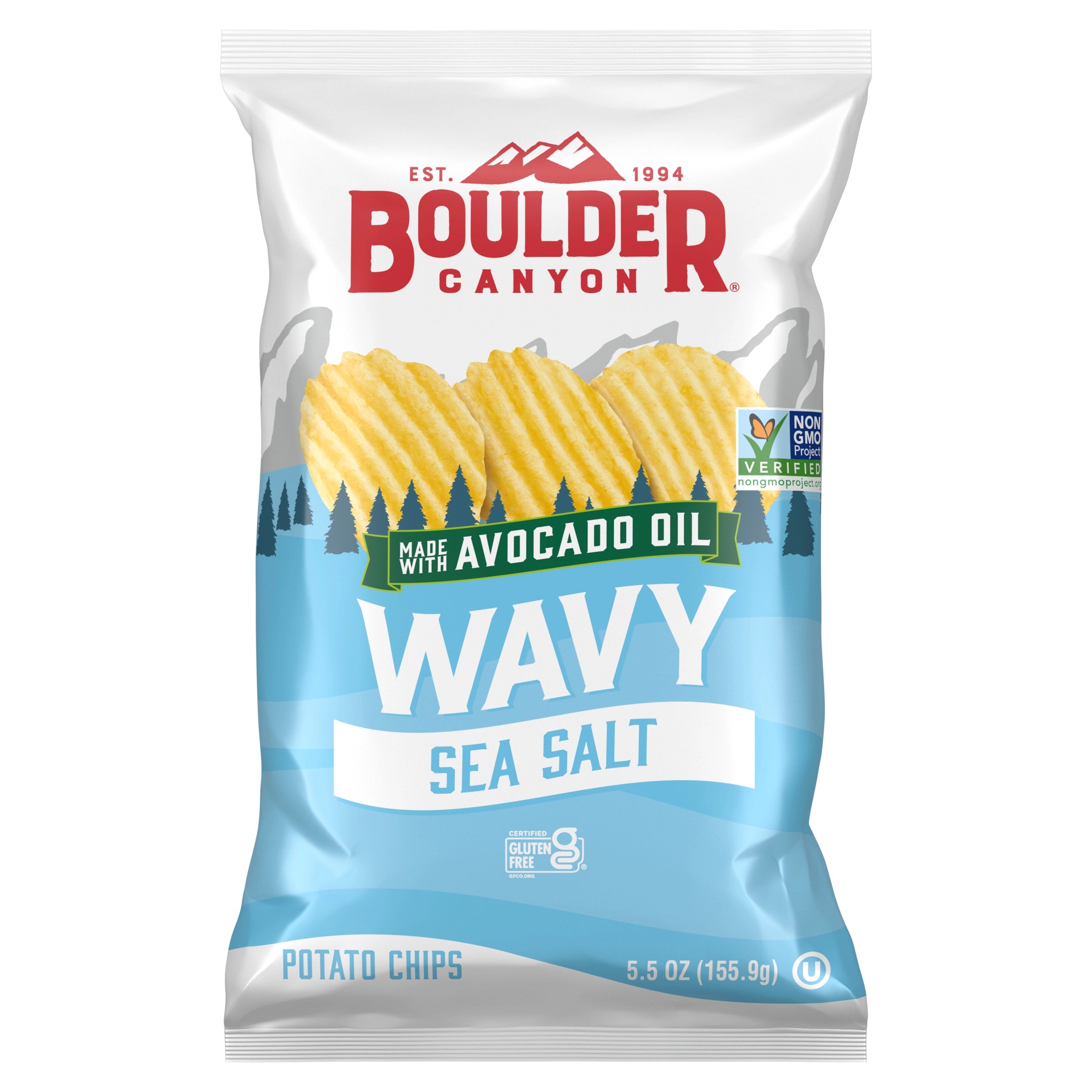 Boulder Canyon Wavy Sea Salt potato chips packaging on a white background