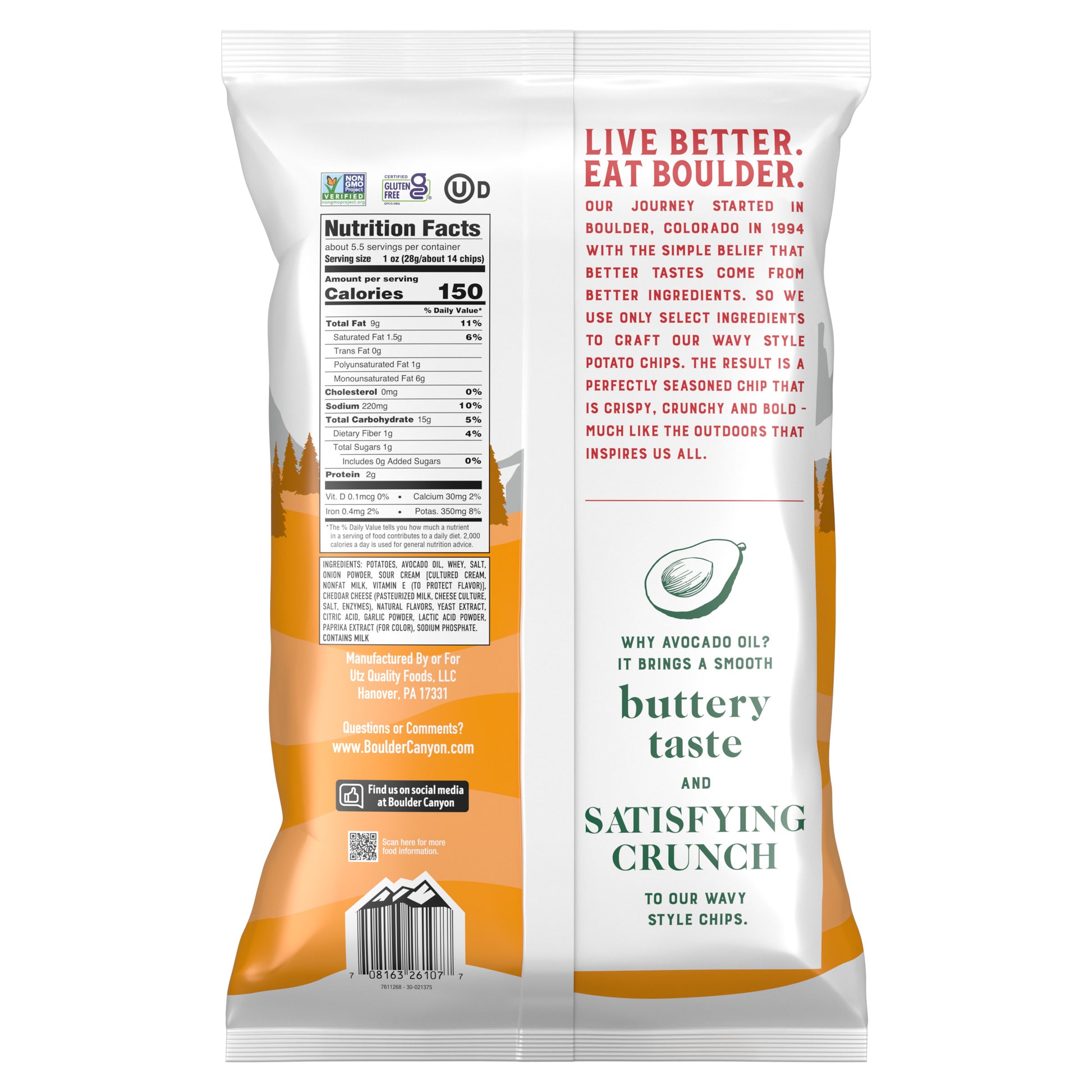 Boulder Chips packaging with nutritional information and branding on a white background