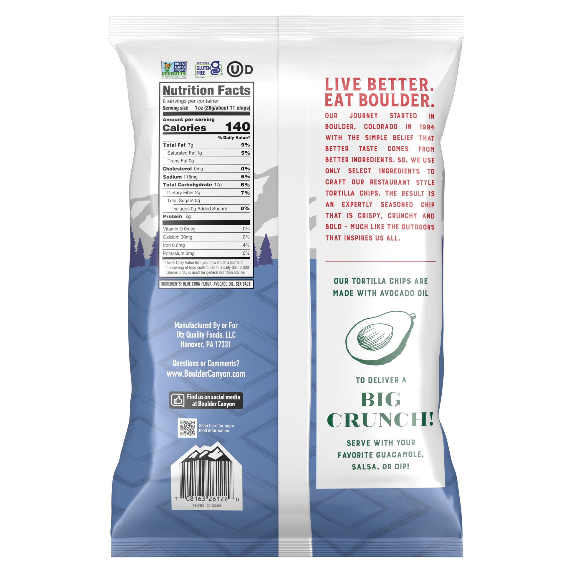 Back view of a tortilla chip package with nutritional information and branding text.