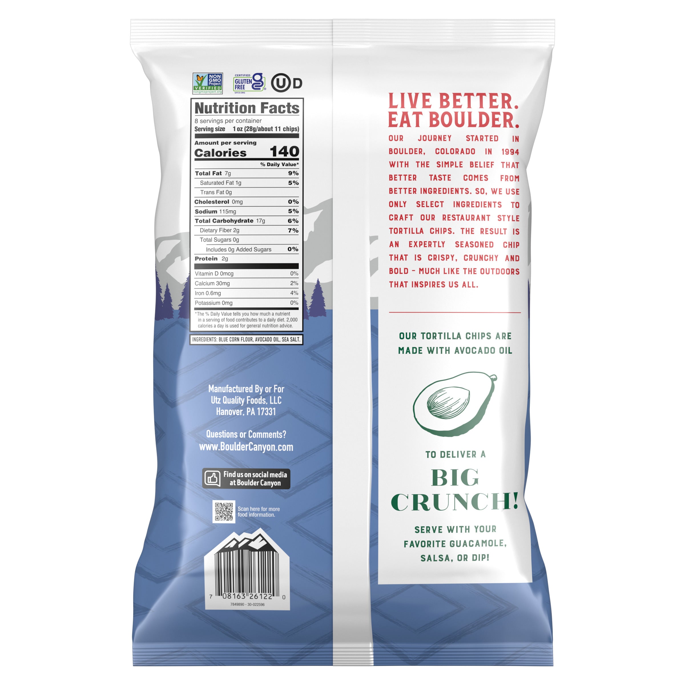 Back view of a tortilla chip package with nutritional information and branding text.