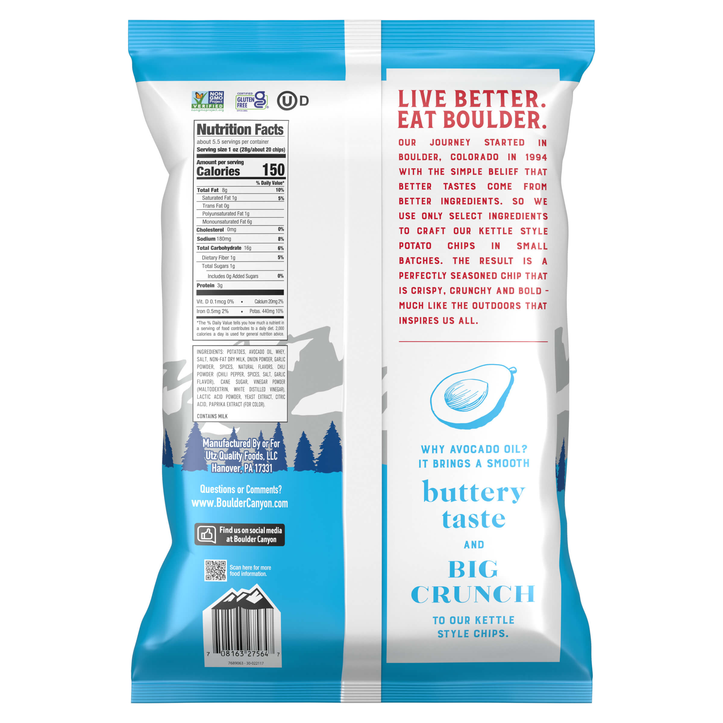Back of an Utz brand kettle chip bag with nutrition facts and a "LIVE BETTER. EAT BOULDER" slogan.