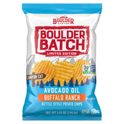 Boulder Batch avocado oil buffalo ranch kettle style potato chips packaging on a white background
