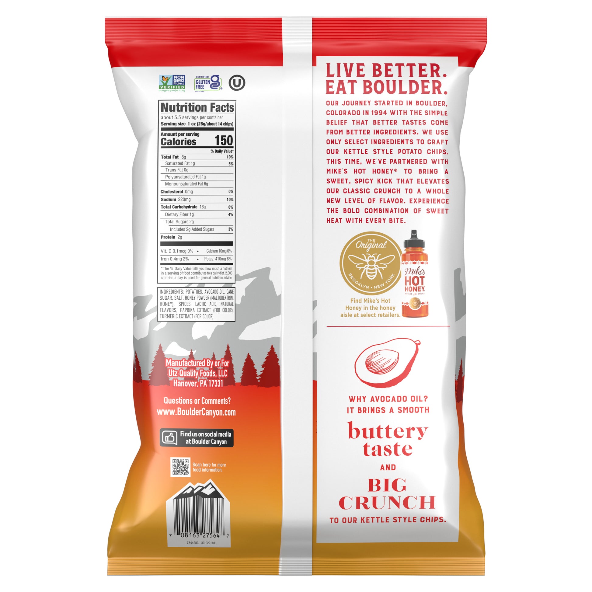 Back of Boulder Canyon Mikes Hot Honey Kettle Chips bag.