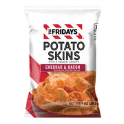 Front of the TGI Fridays Potato Skins Cheddar & Bacon flavor snack bag. Features the brand logo, product name, and an image of crispy potato skins on a white and red background. Highlights the weight of 1 ounce (28.3g).